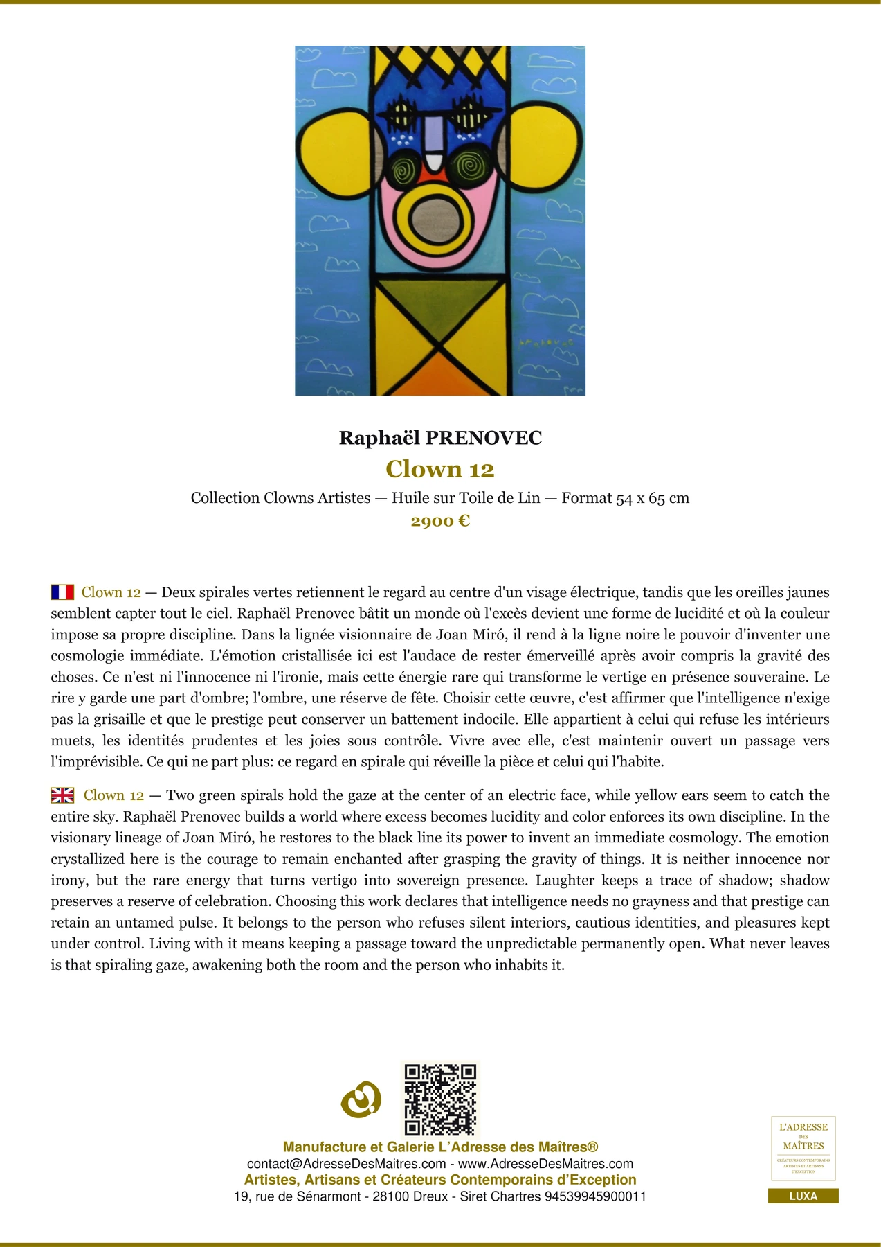 Fiche Premium - Clown 12 - Raphaël PRENOVEC - L'Adresse des Maîtres®