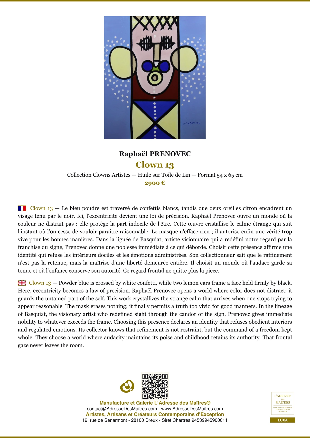 Fiche Premium - Clown 13 - Raphaël PRENOVEC - L'Adresse des Maîtres®