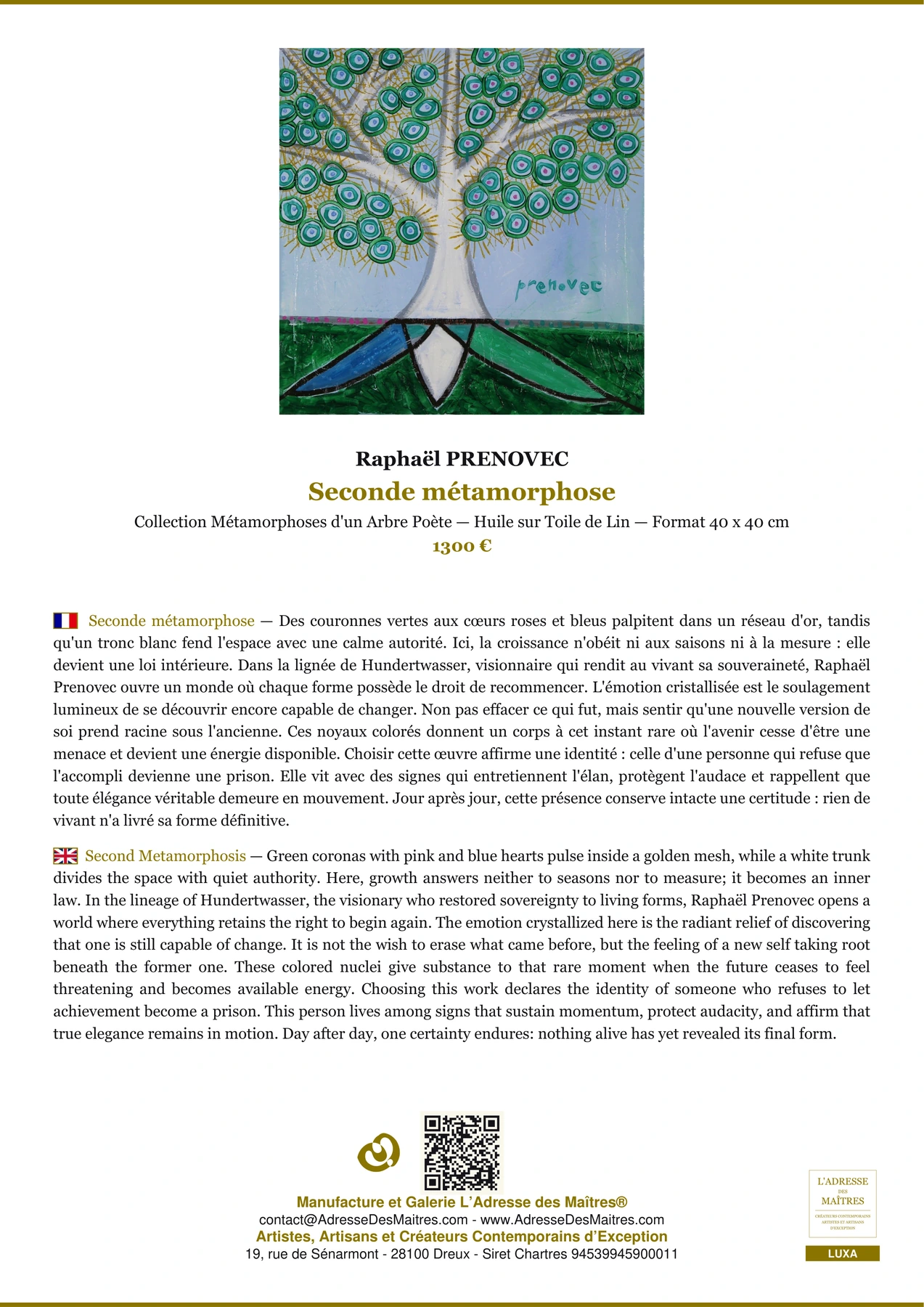 Fiche Premium - Seconde métamorphose - Raphaël PRENOVEC - L'Adresse des Maîtres®