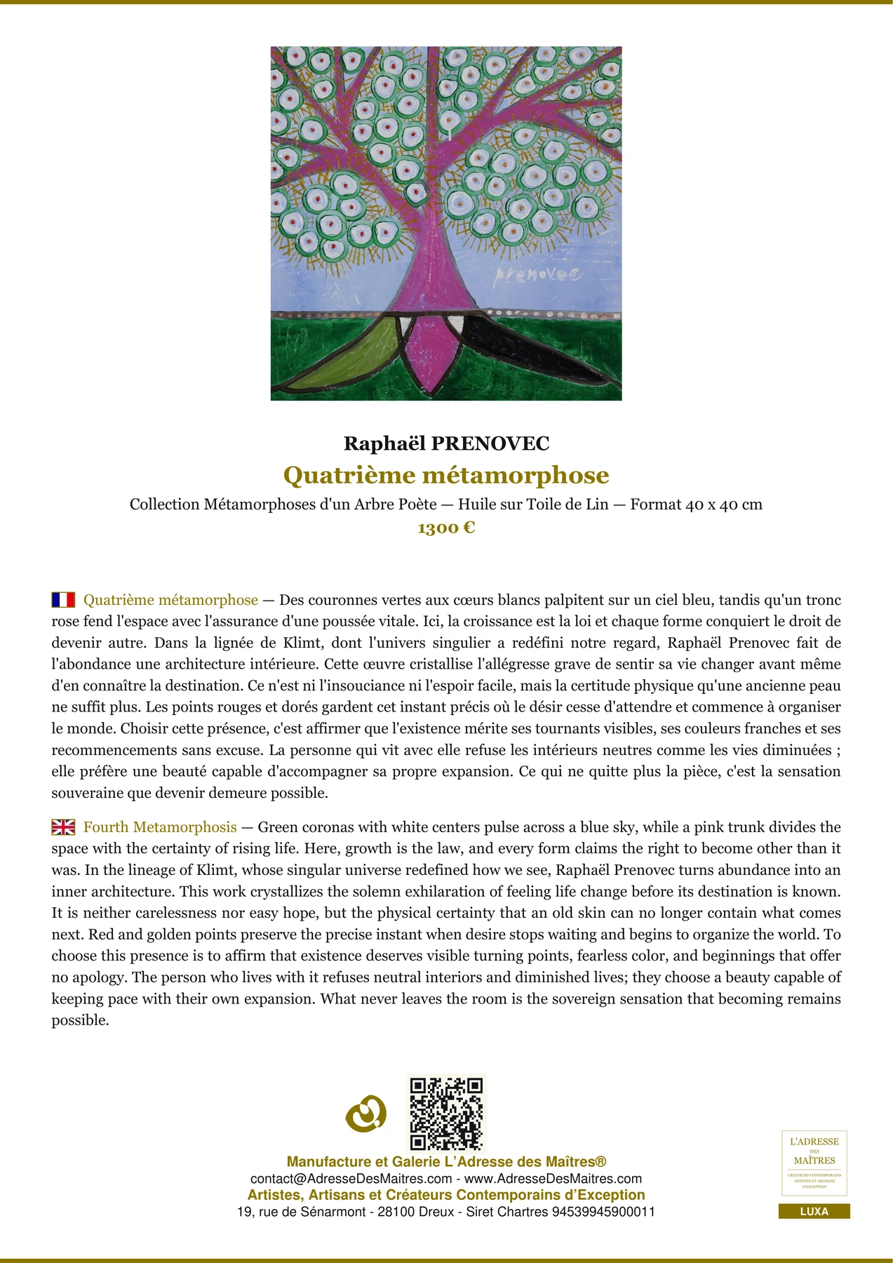 Fiche Premium - Quatrième métamorphose - Raphaël PRENOVEC - L'Adresse des Maîtres®