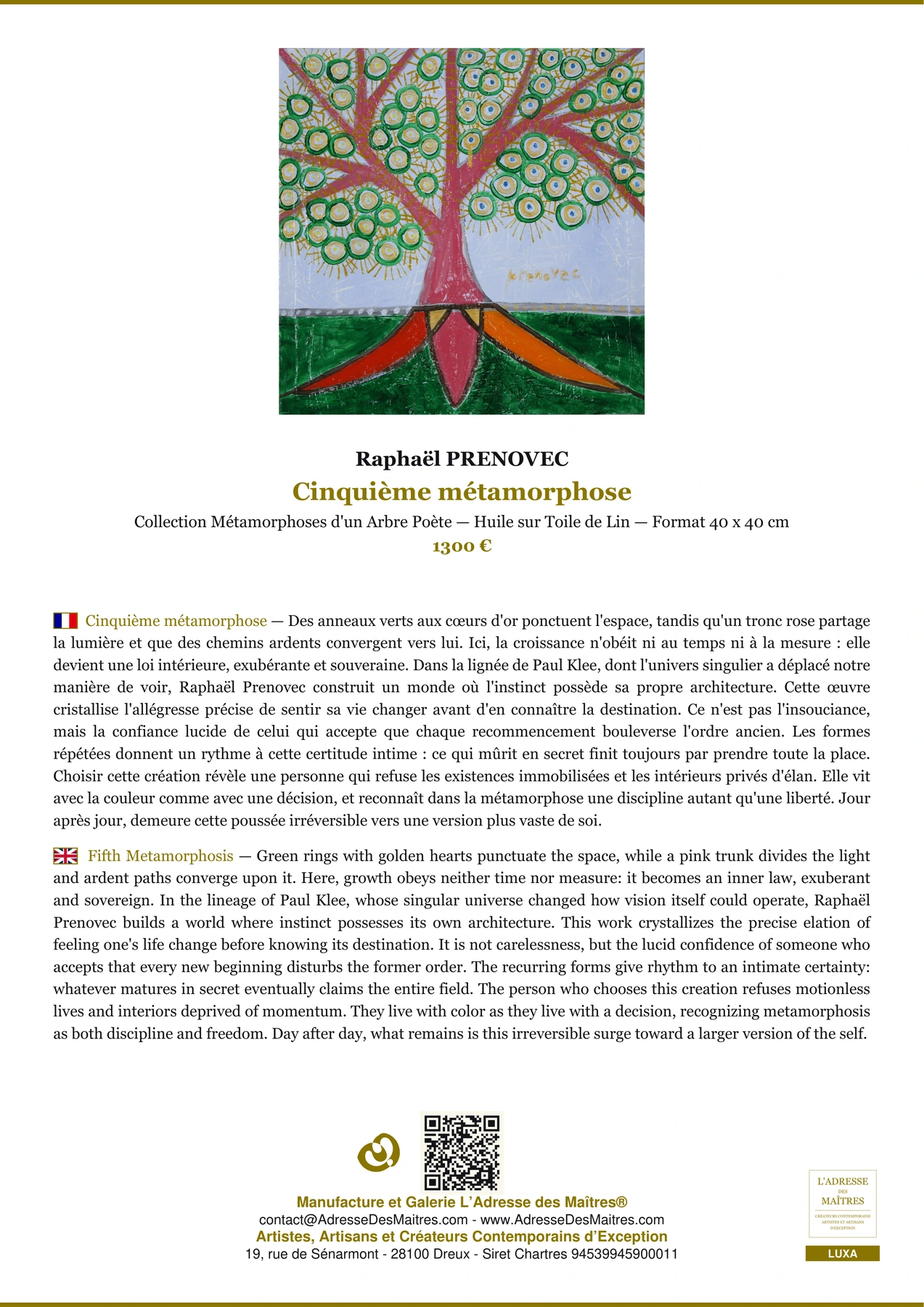 Fiche Premium - Cinquième métamorphose - Raphaël PRENOVEC - L'Adresse des Maîtres®