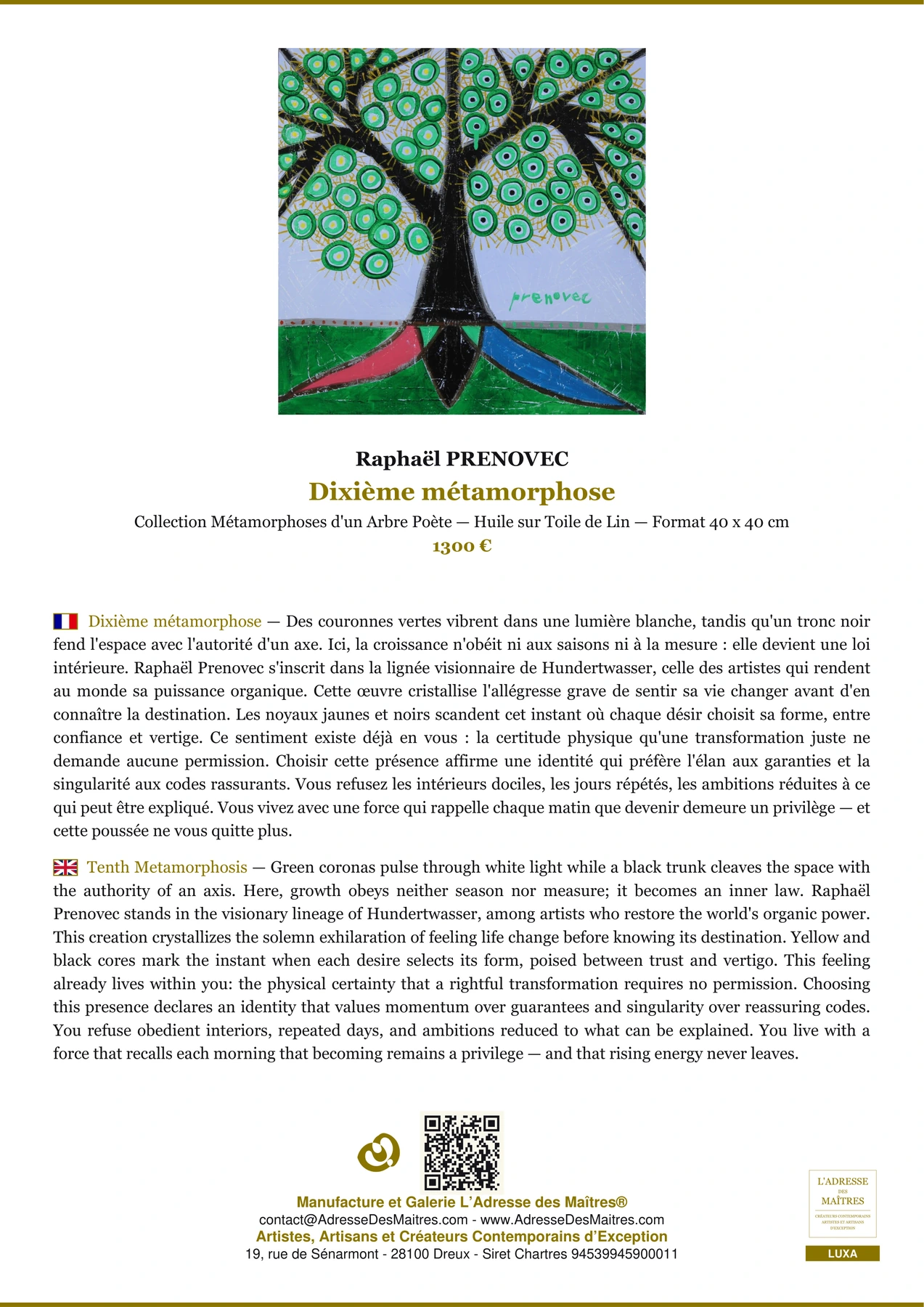 Fiche Premium - Dixième métamorphose - Raphaël PRENOVEC - L'Adresse des Maîtres®