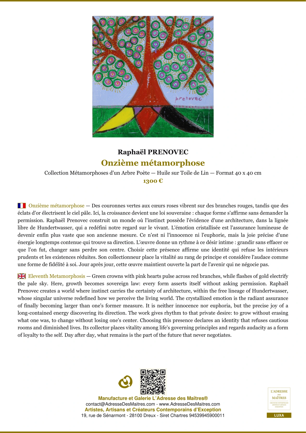 Fiche Premium - Onzième métamorphose - Raphaël PRENOVEC - L'Adresse des Maîtres®