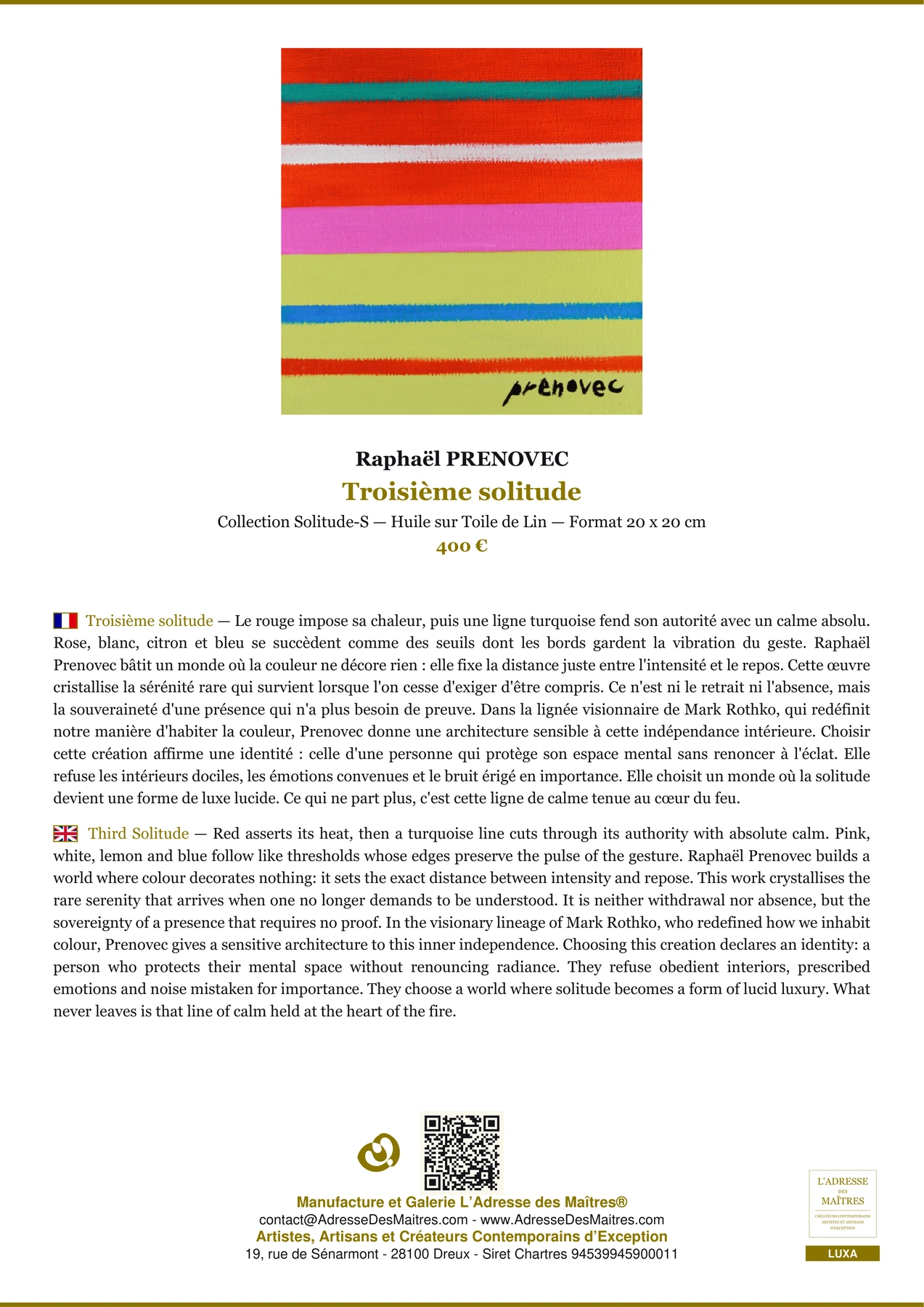 Fiche Premium - Troisième solitude - Raphaël PRENOVEC - L'Adresse des Maîtres®