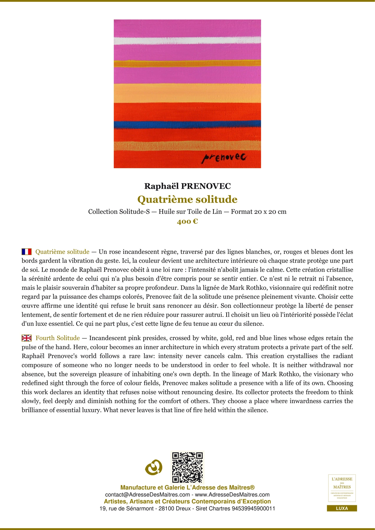 Fiche Premium - Quatrième solitude - Raphaël PRENOVEC - L'Adresse des Maîtres®