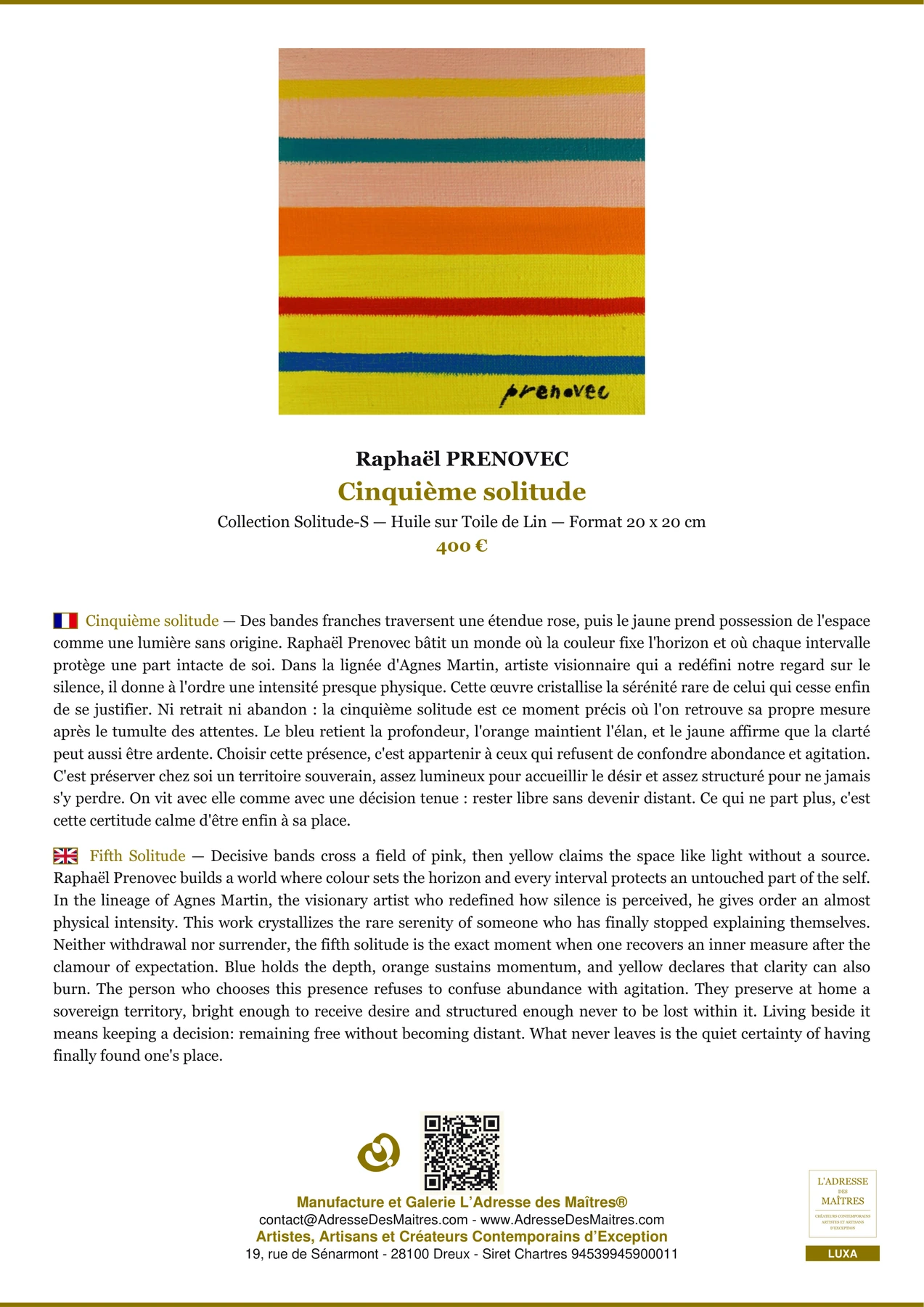 Fiche Premium - Cinquième solitude - Raphaël PRENOVEC - L'Adresse des Maîtres®