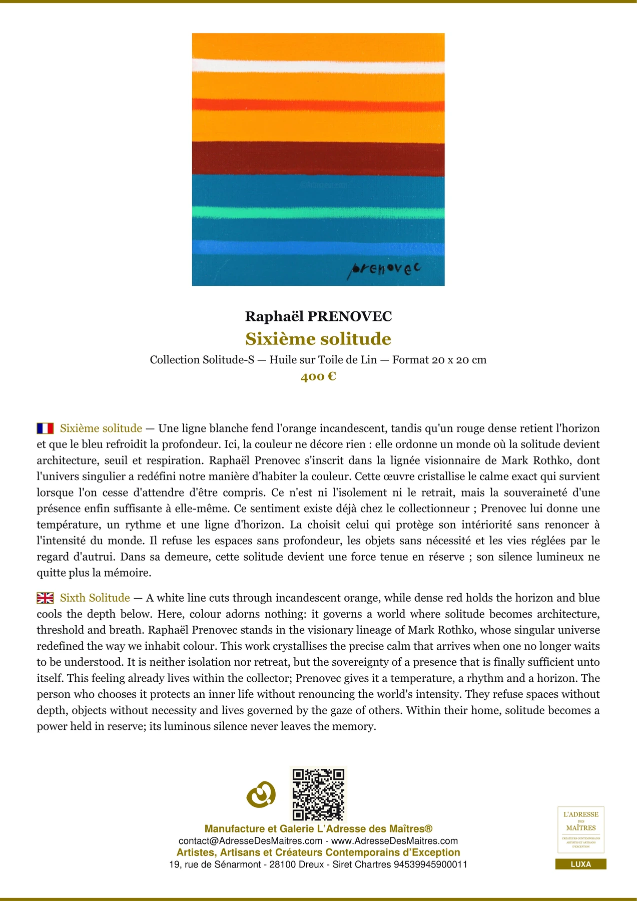 Fiche Premium - Sixième solitude - Raphaël PRENOVEC - L'Adresse des Maîtres®