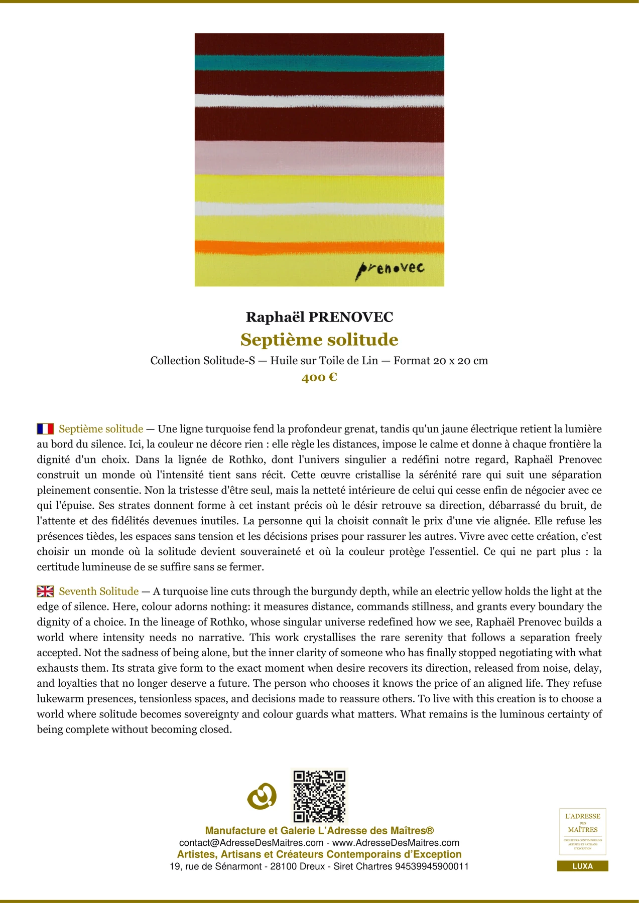 Fiche Premium - Septième solitude - Raphaël PRENOVEC - L'Adresse des Maîtres®