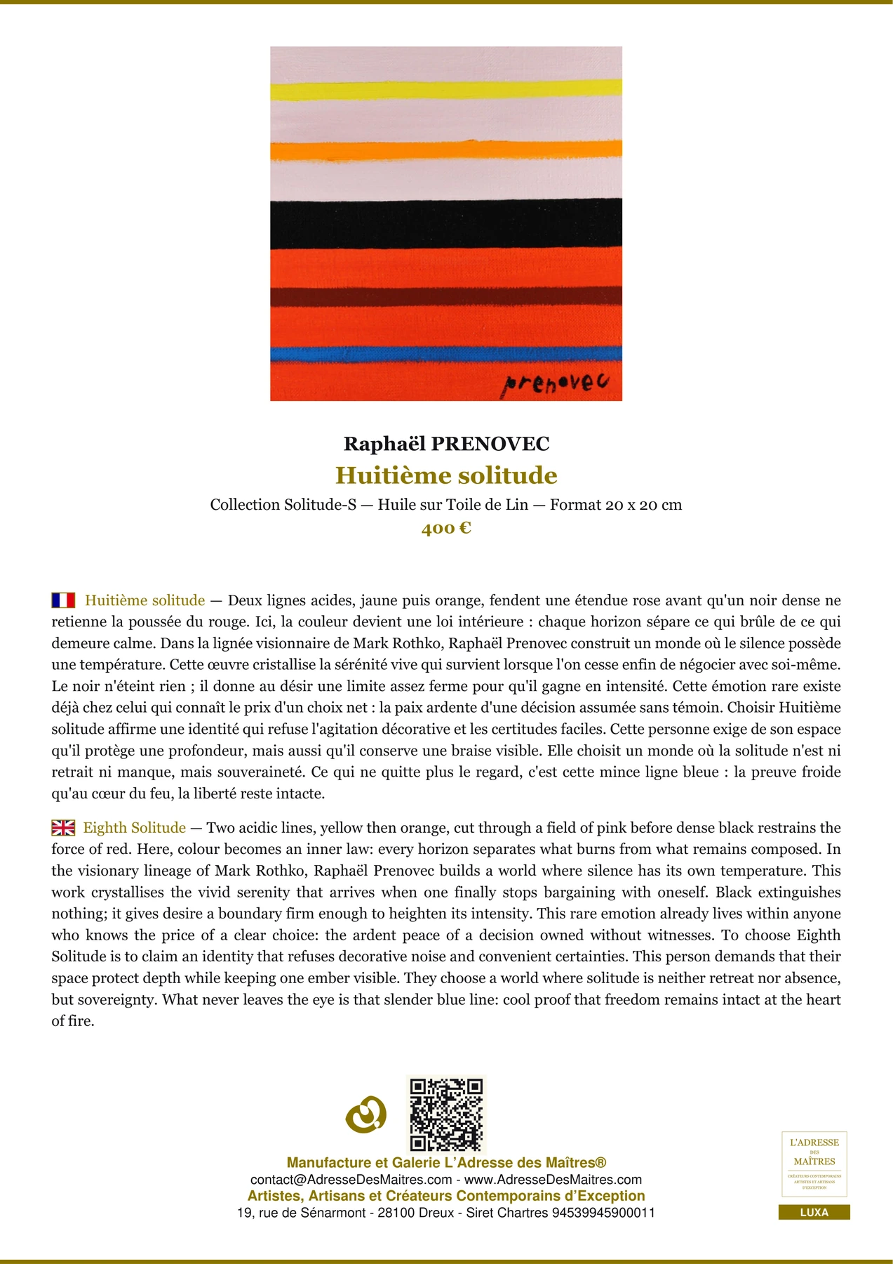 Fiche Premium - Huitième solitude - Raphaël PRENOVEC - L'Adresse des Maîtres®