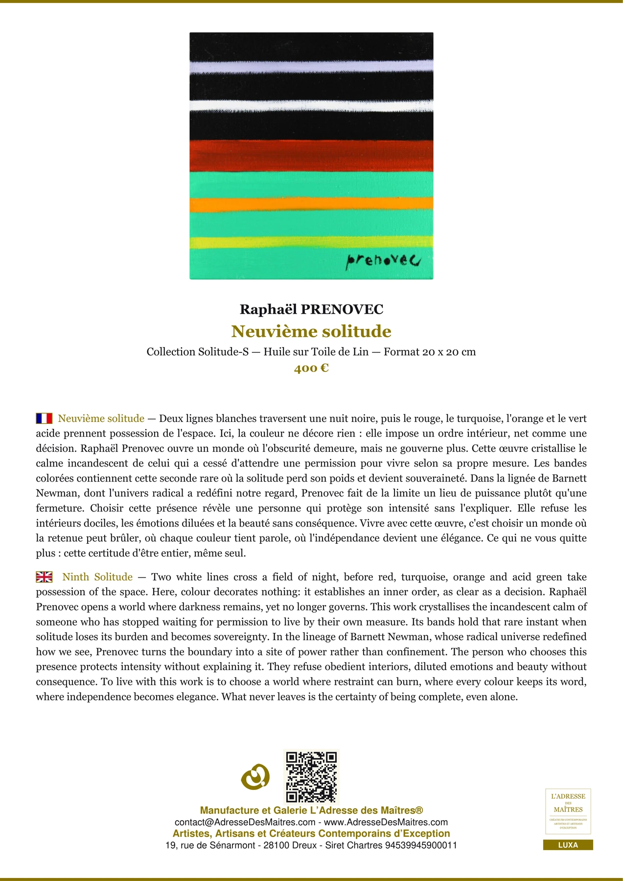 Fiche Premium - Neuvième solitude - Raphaël PRENOVEC - L'Adresse des Maîtres®
