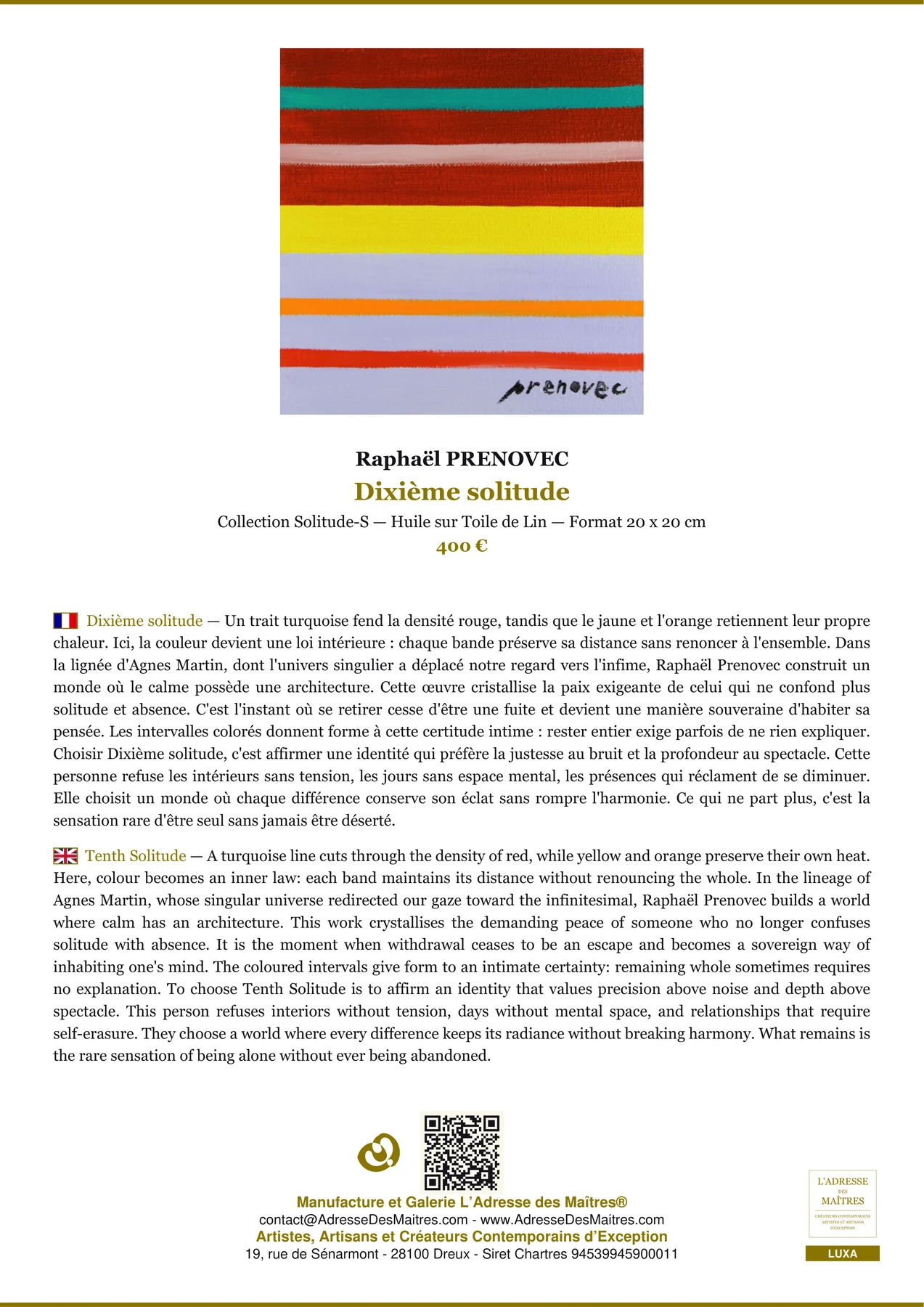 Fiche Premium - Dixième solitude - Raphaël PRENOVEC - L'Adresse des Maîtres®