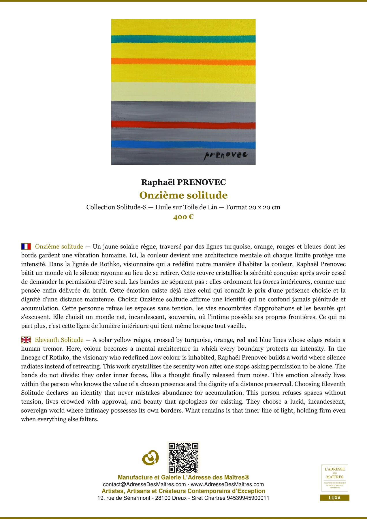 Fiche Premium - Onzième solitude - Raphaël PRENOVEC - L'Adresse des Maîtres®