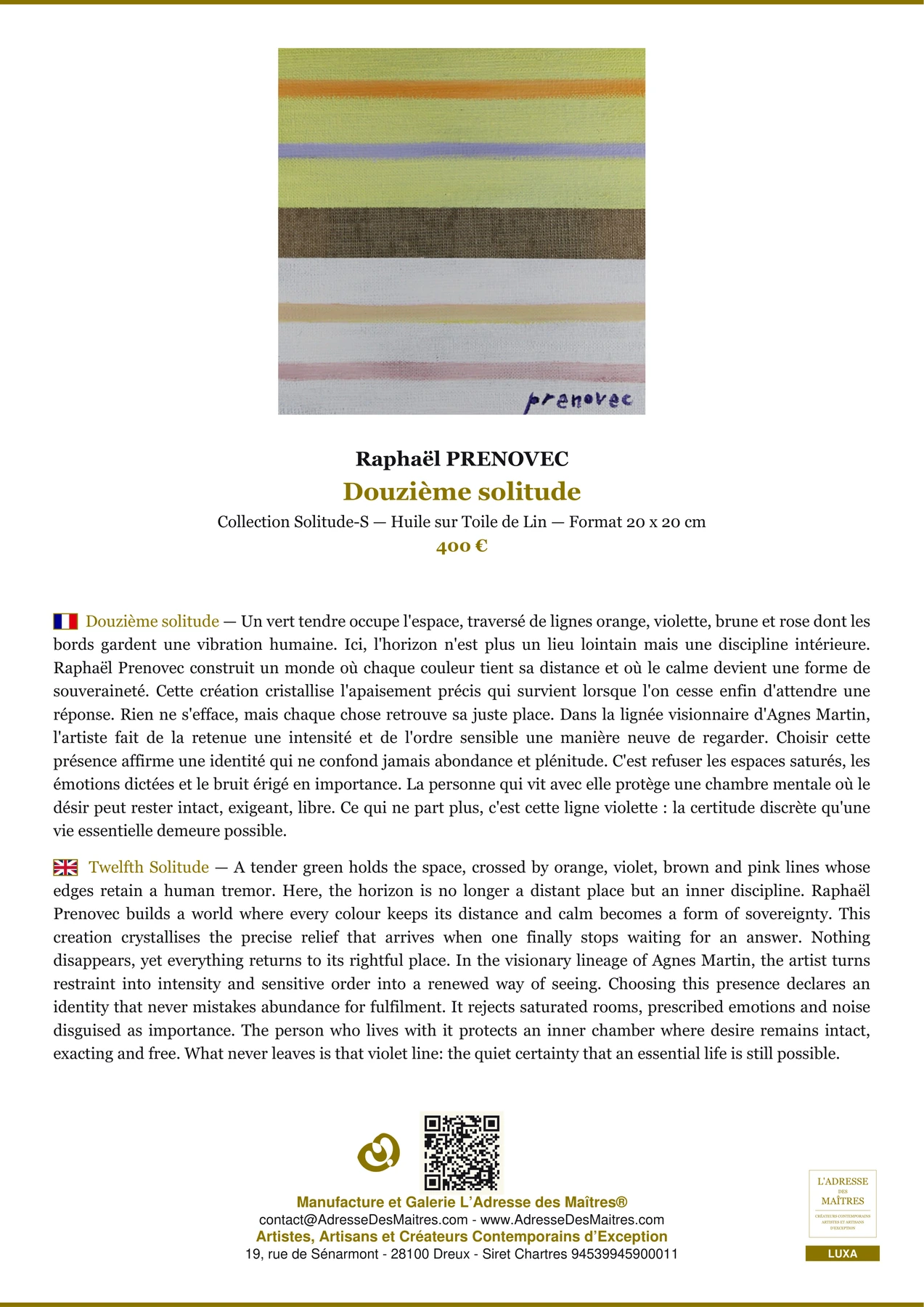 Fiche Premium - Douzième solitude - Raphaël PRENOVEC - L'Adresse des Maîtres®