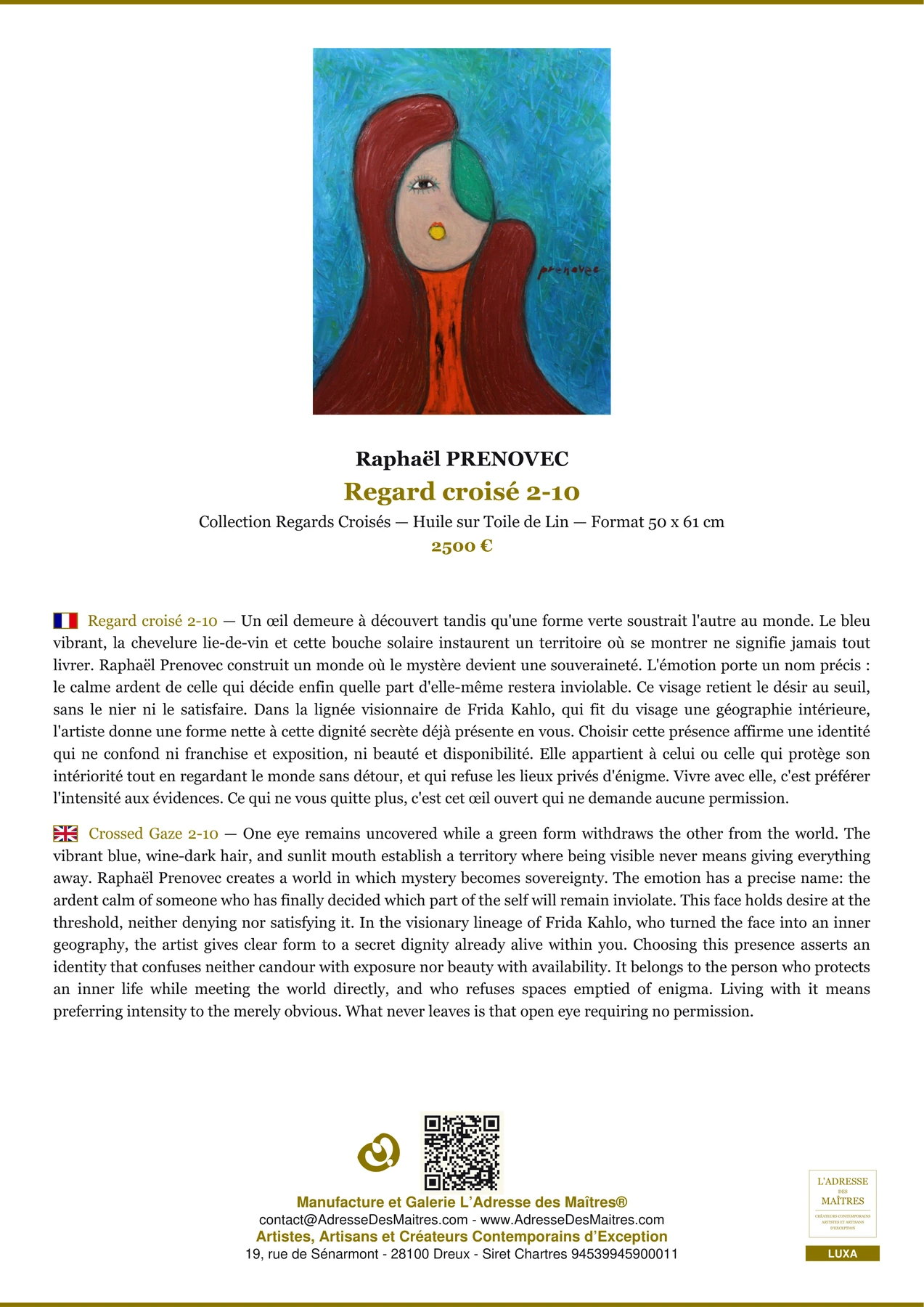 Fiche Premium - Regard croisé 2-10 - Raphaël PRENOVEC - L'Adresse des Maîtres®