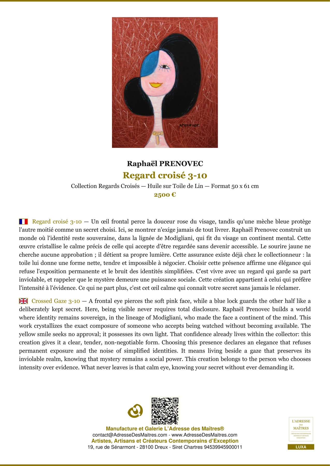 Fiche Premium - Regard croisé 3-10 - Raphaël PRENOVEC - L'Adresse des Maîtres®