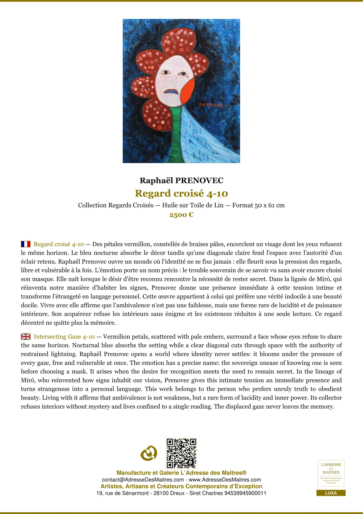 Fiche Premium - Regard croisé 4-10 - Raphaël PRENOVEC - L'Adresse des Maîtres®