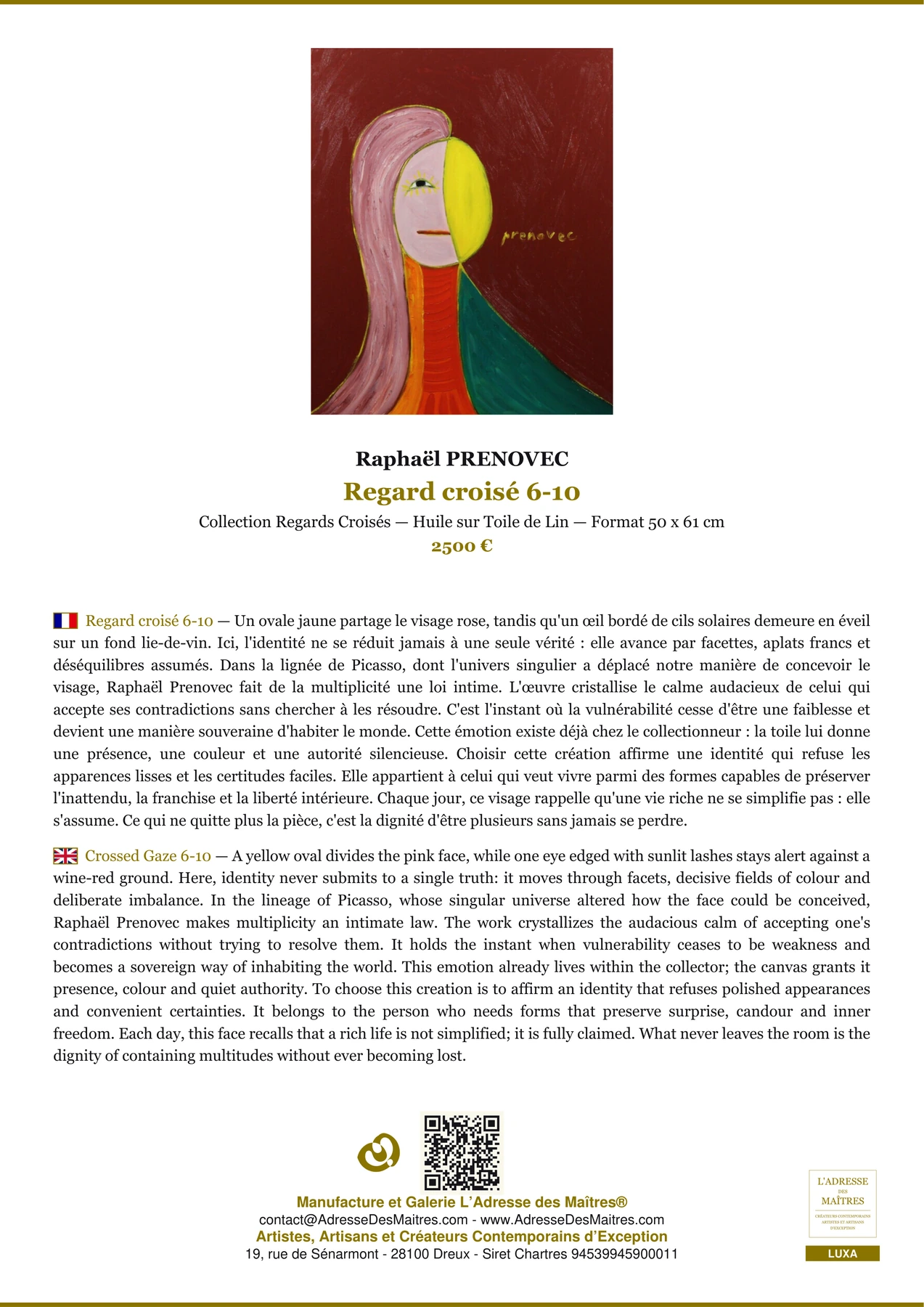 Fiche Premium - Regard croisé 6-10 - Raphaël PRENOVEC - L'Adresse des Maîtres®