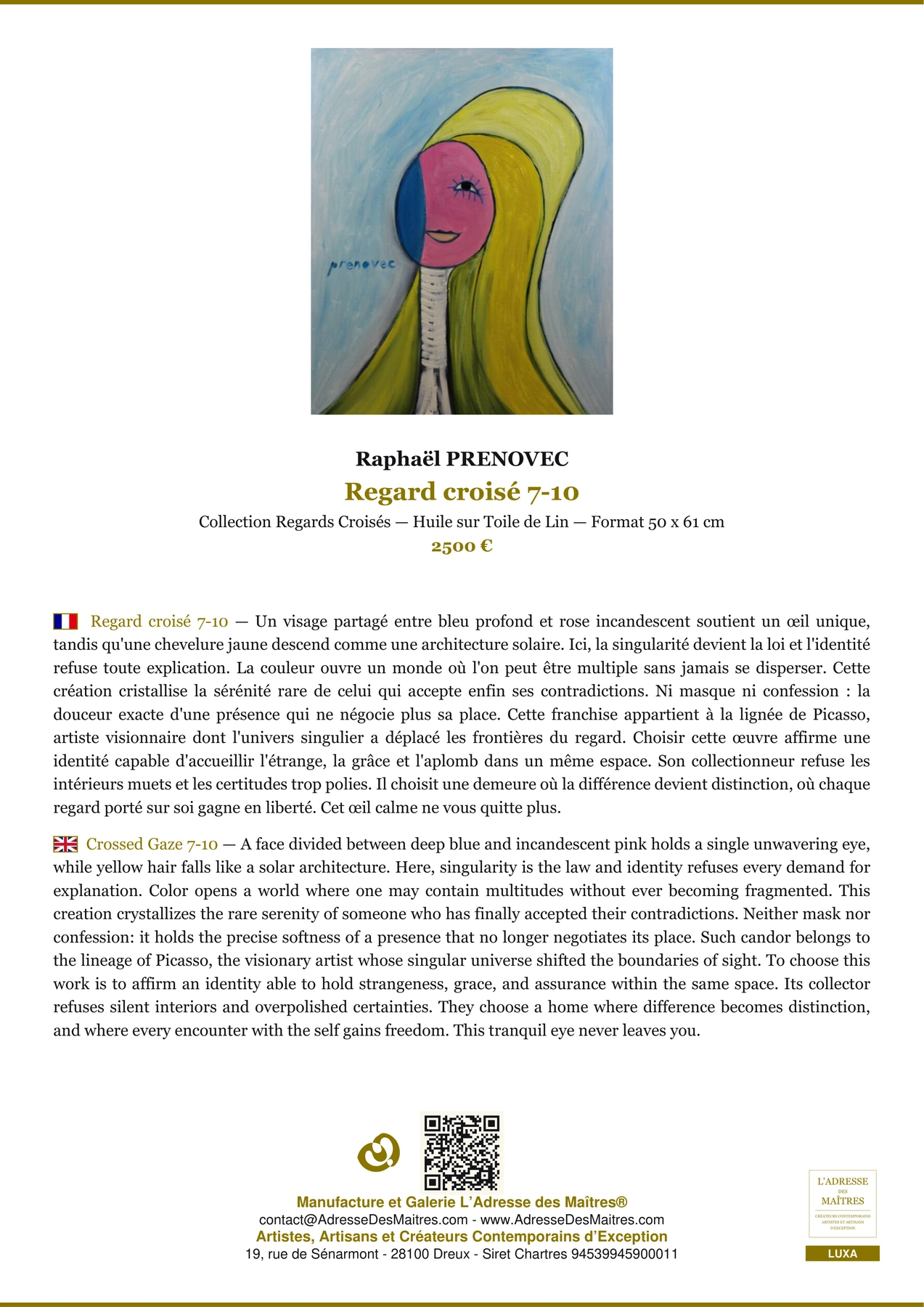 Fiche Premium - Regard croisé 7-10 - Raphaël PRENOVEC - L'Adresse des Maîtres®