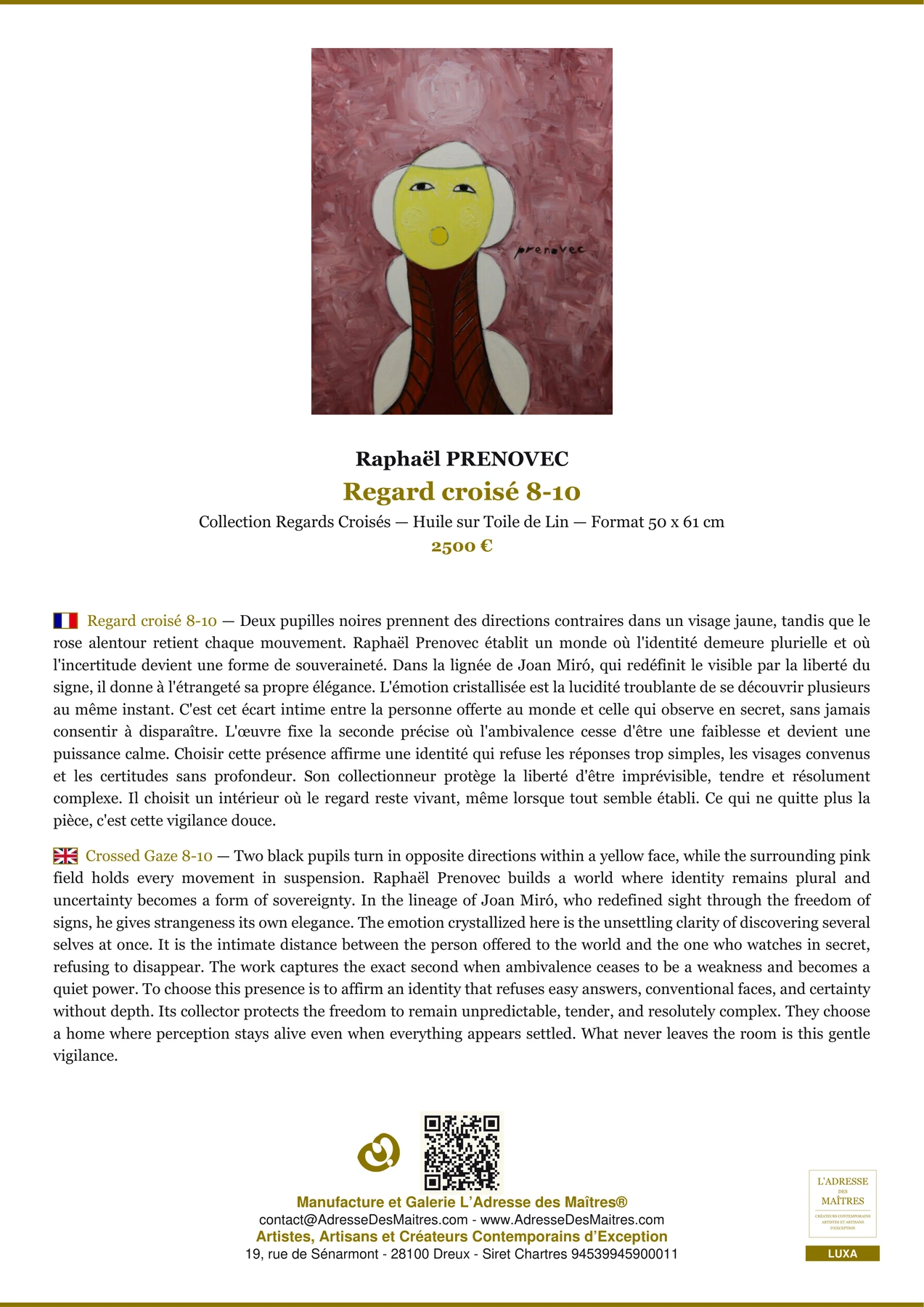 Fiche Premium - Regard croisé 8-10 - Raphaël PRENOVEC - L'Adresse des Maîtres®
