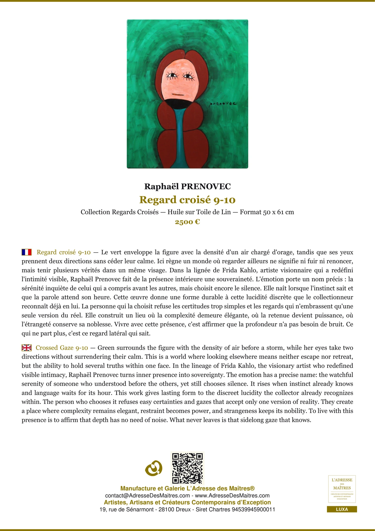 Fiche Premium - Regard croisé 9-10 - Raphaël PRENOVEC - L'Adresse des Maîtres®