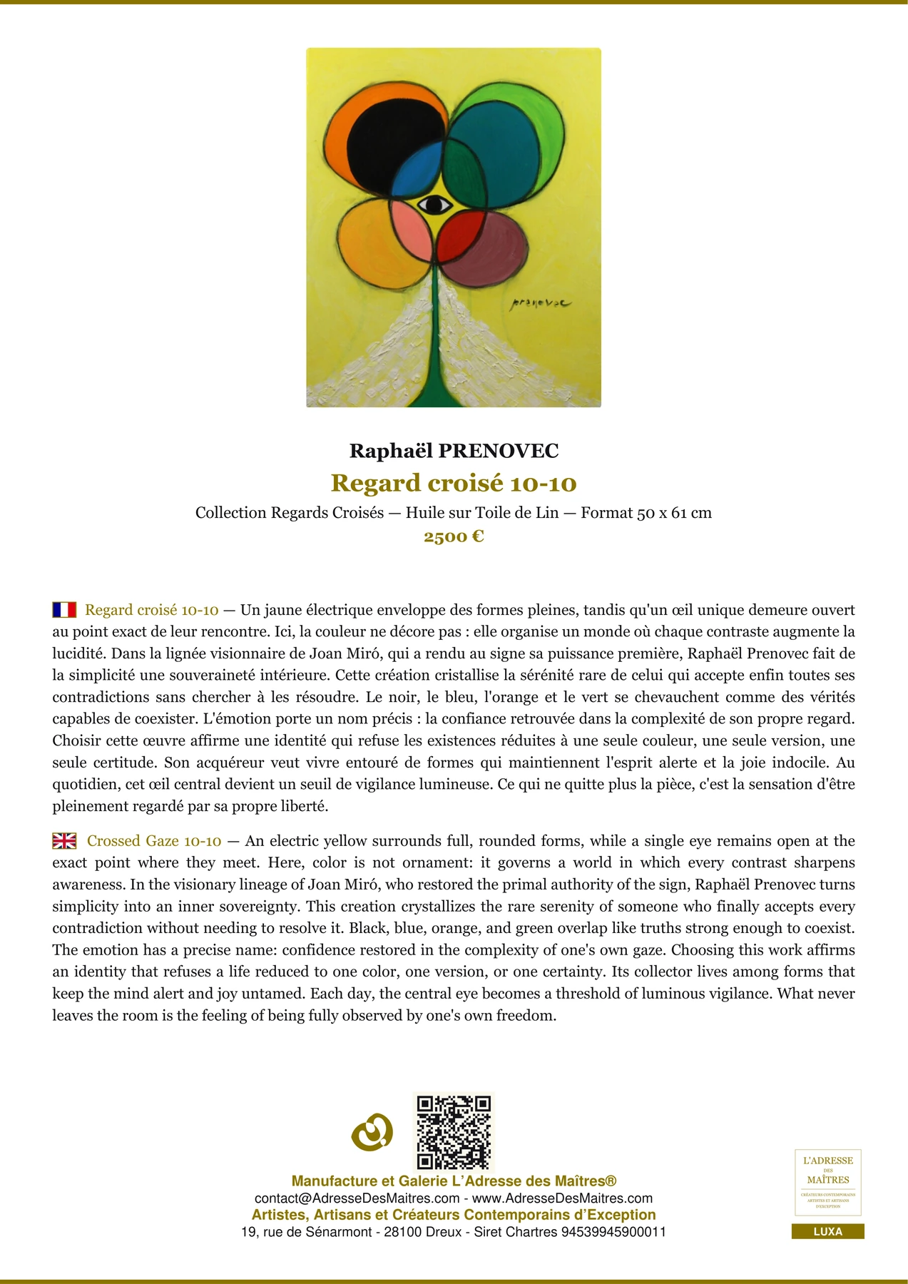 Fiche Premium - Regard croisé 10-10 - Raphaël PRENOVEC - L'Adresse des Maîtres®