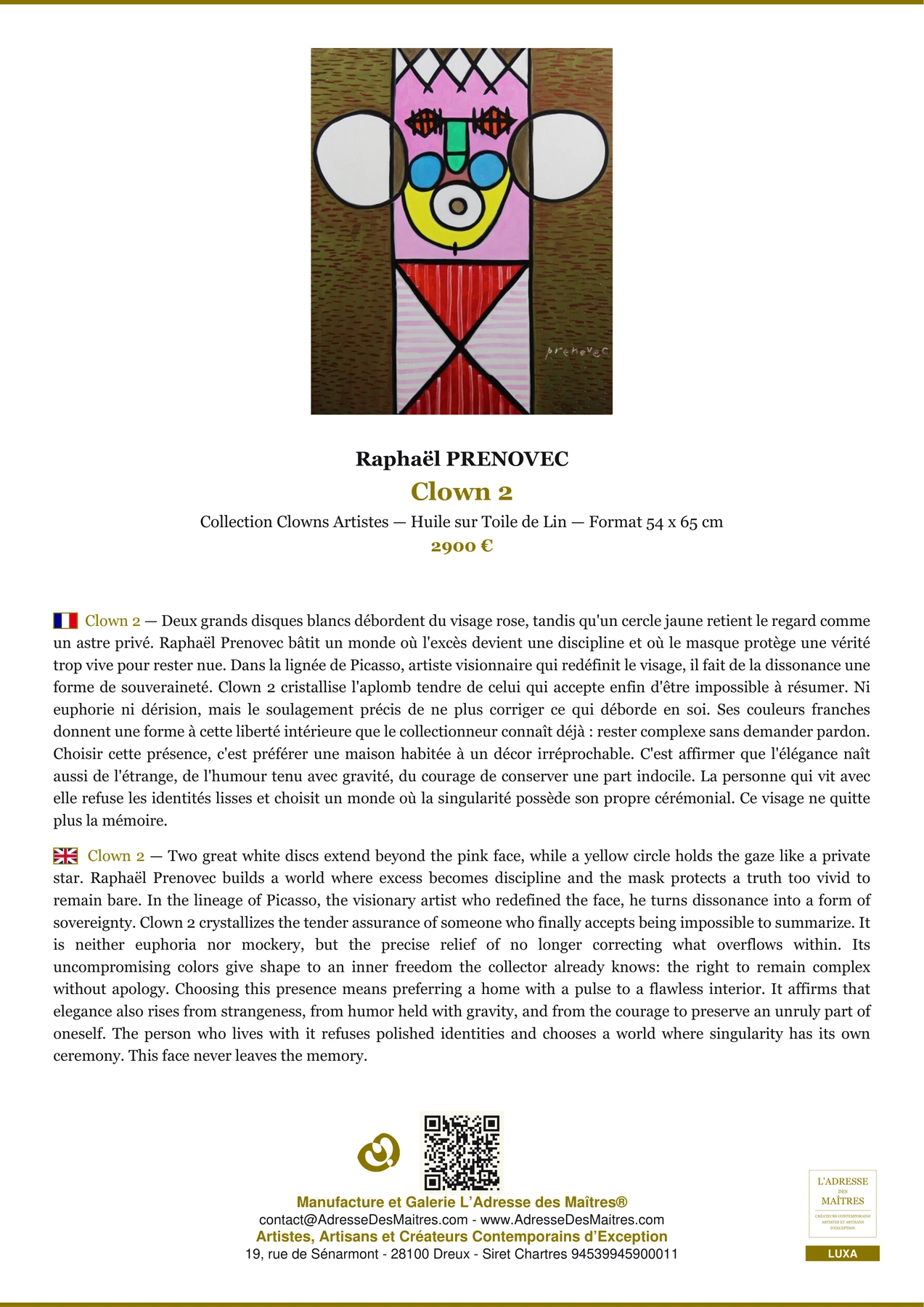 Fiche Premium - Clown 2 - Raphaël PRENOVEC - L'Adresse des Maîtres®