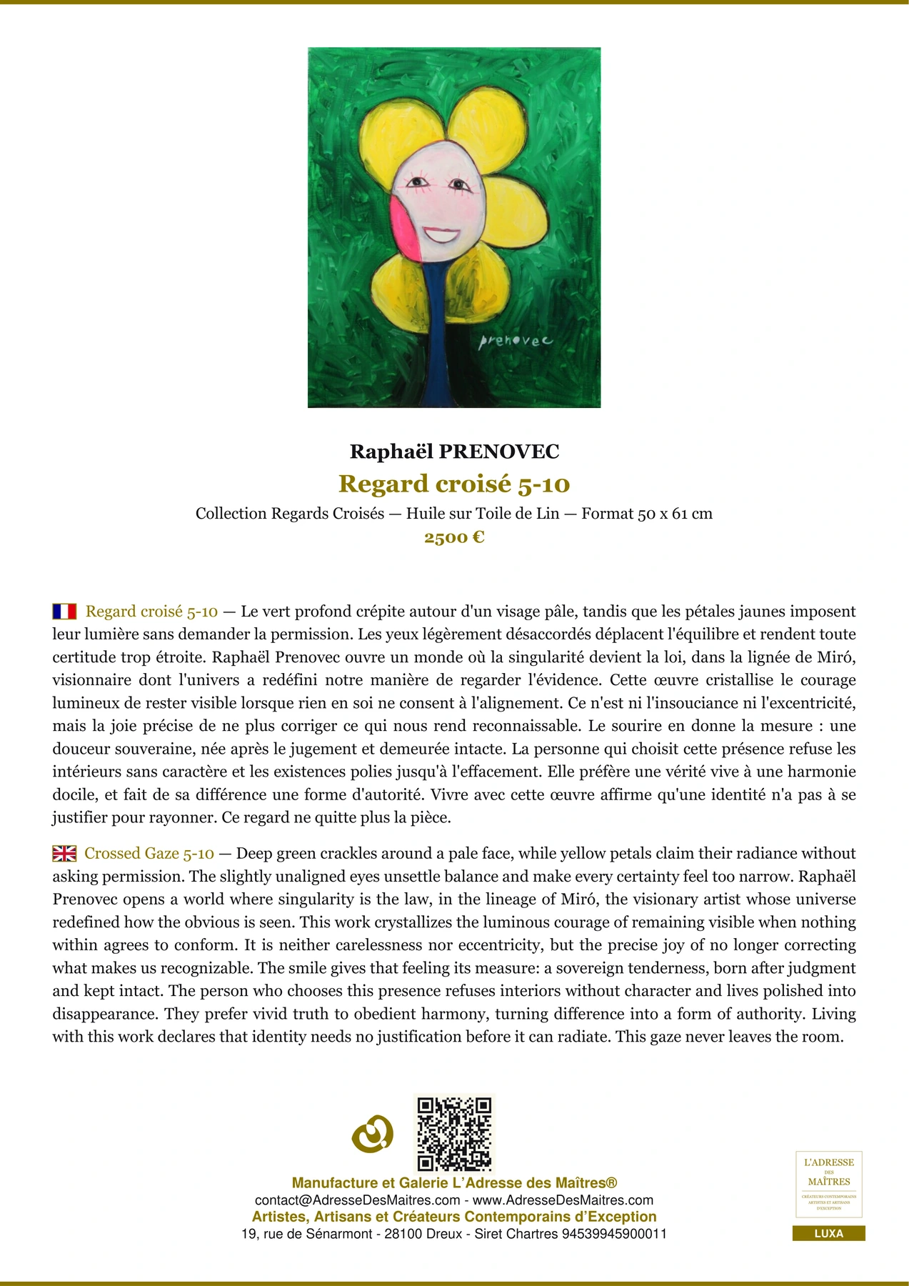 Fiche Premium - Regard croisé 5-10 - Raphaël PRENOVEC - L'Adresse des Maîtres®