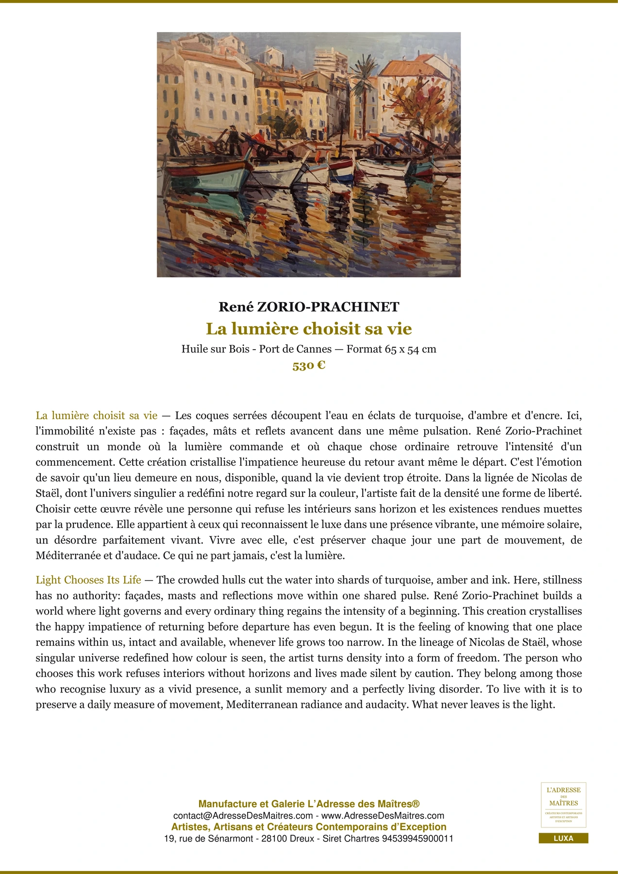 Fiche Premium - La lumière choisit sa vie - René ZORIO-PRACHINET - L'Adresse des Maîtres®