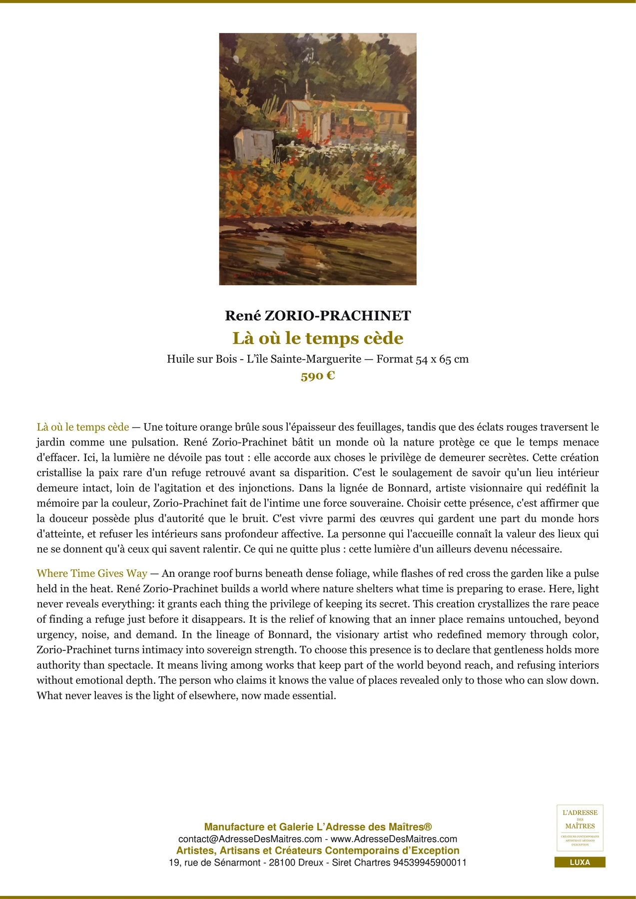 Fiche Premium - Là où le temps cède - René ZORIO-PRACHINET - L'Adresse des Maîtres®