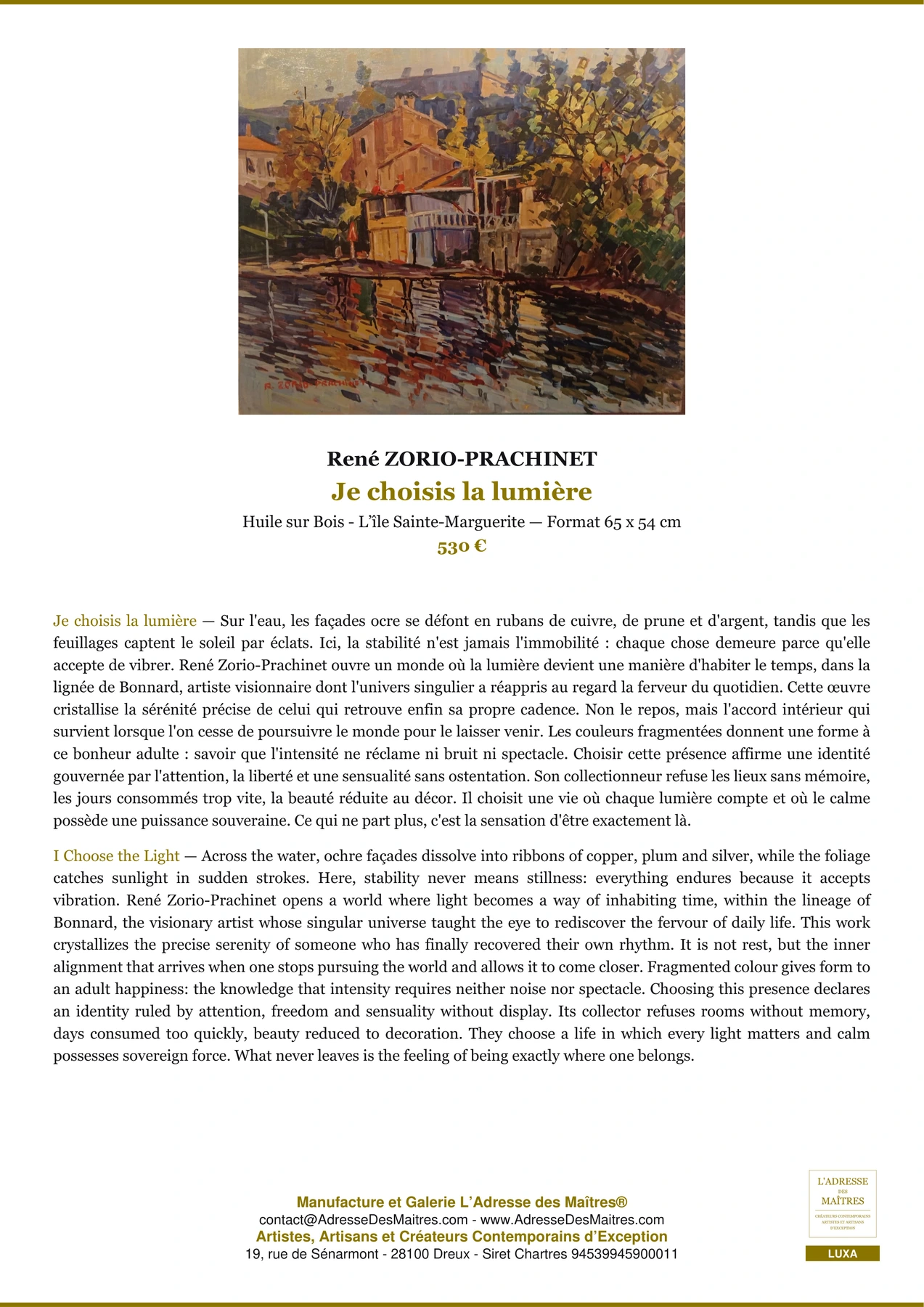 Fiche Premium - Je choisis la lumière - René ZORIO-PRACHINET - L'Adresse des Maîtres®