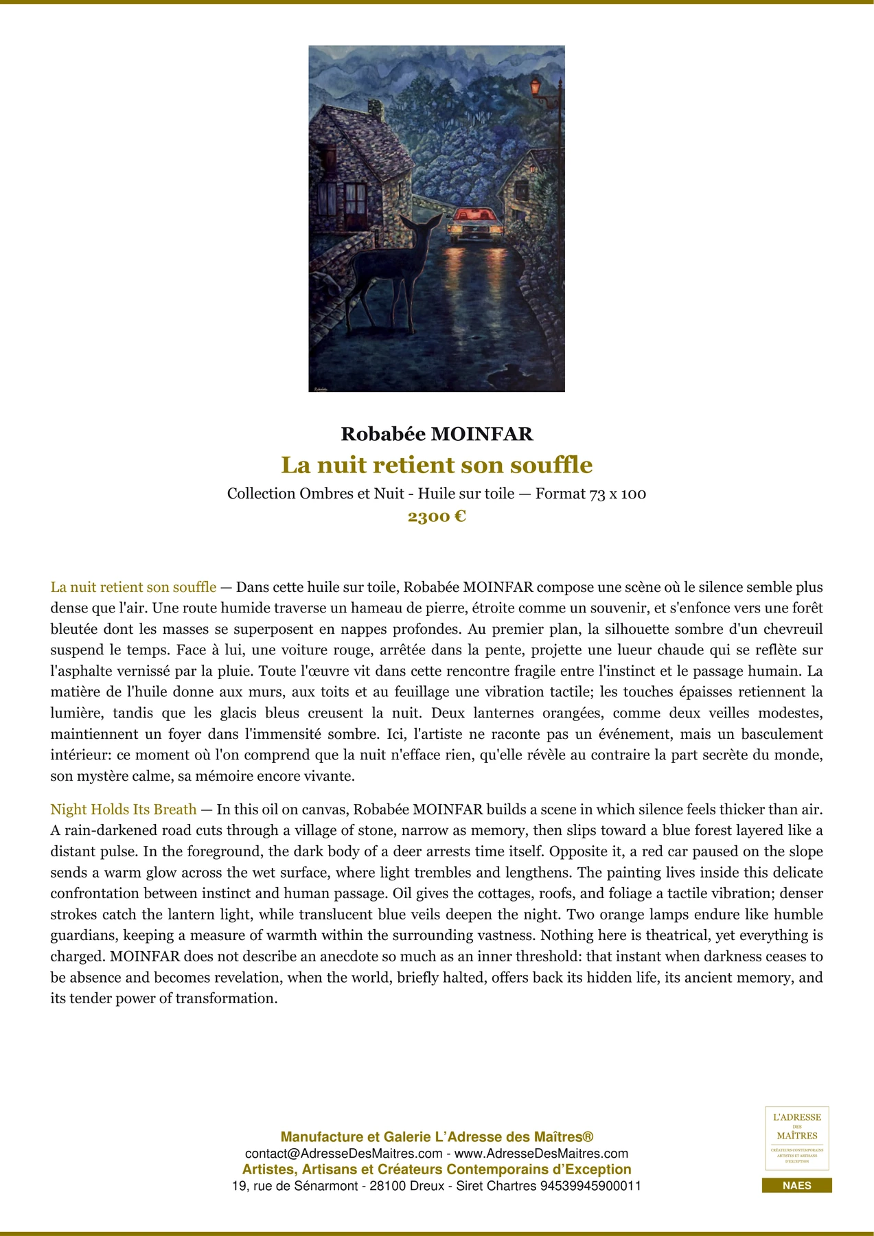 La nuit retient son souffle — Fiche Premium, Collection Ombres et Nuit - Huile sur toile 73 x 100, Robabée MOINFAR