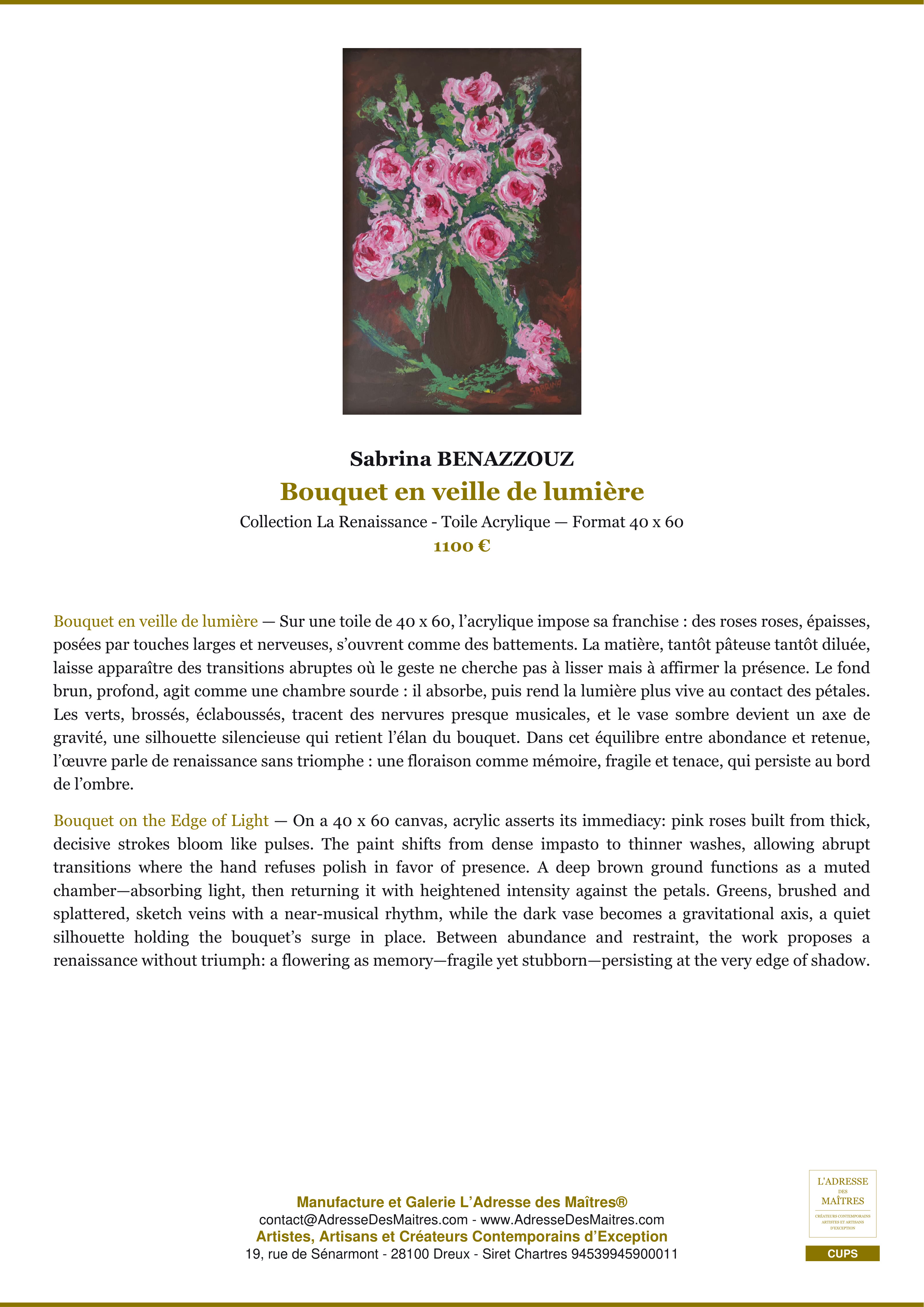Fiche Premium — Bouquet en veille de lumière — Sabrina BENAZZOUZ — L'Adresse des Maîtres®