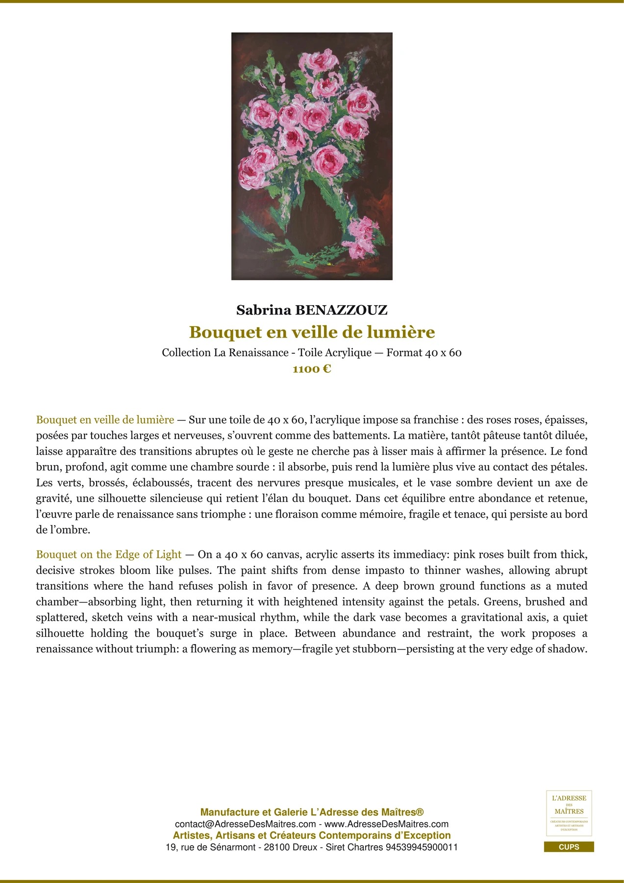 Fiche Premium - Bouquet en veille de lumière - Sabrina BENAZZOUZ - L'Adresse des Maîtres®