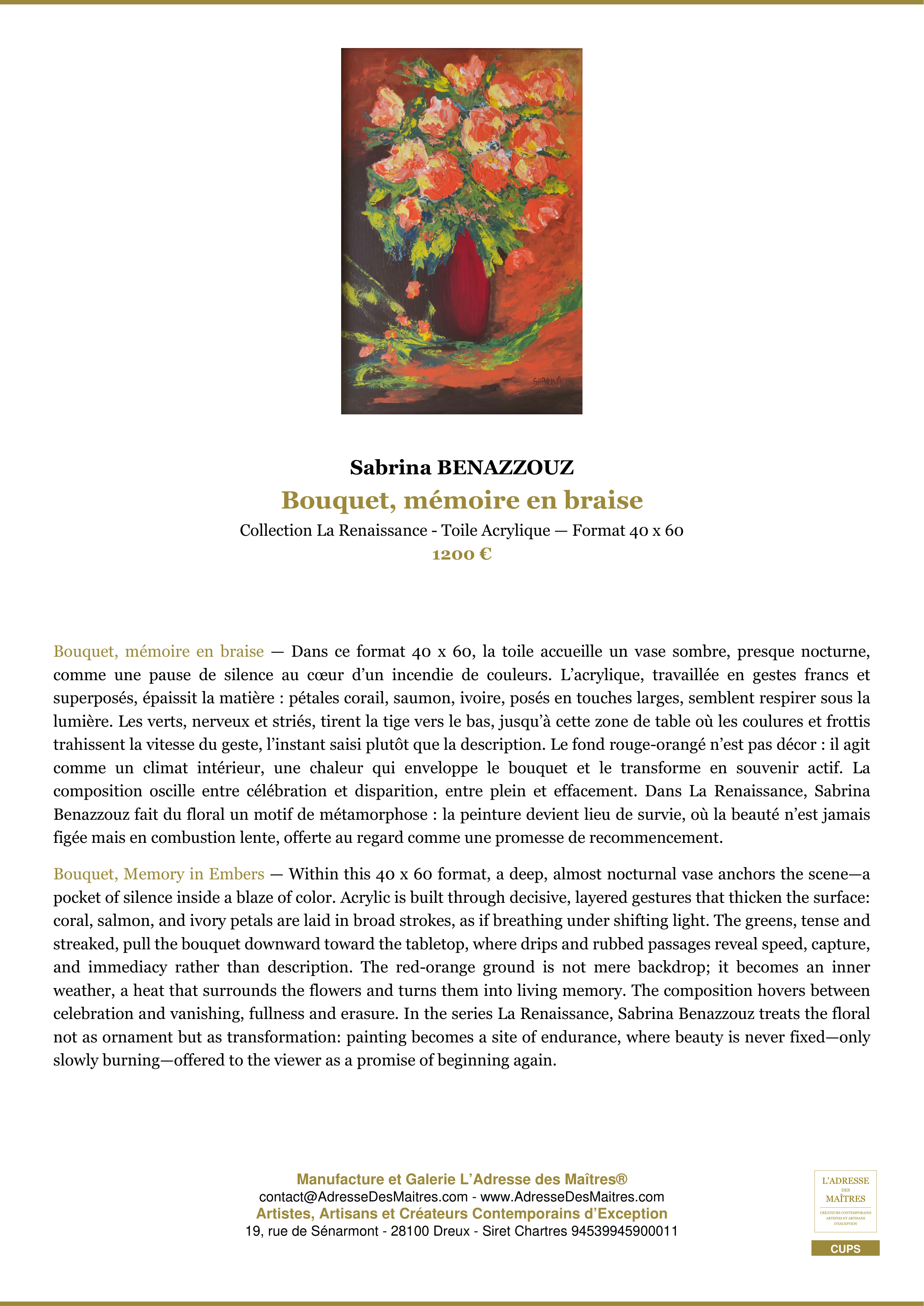 Fiche Premium — Bouquet, mémoire en braise — Sabrina BENAZZOUZ — L'Adresse des Maîtres®