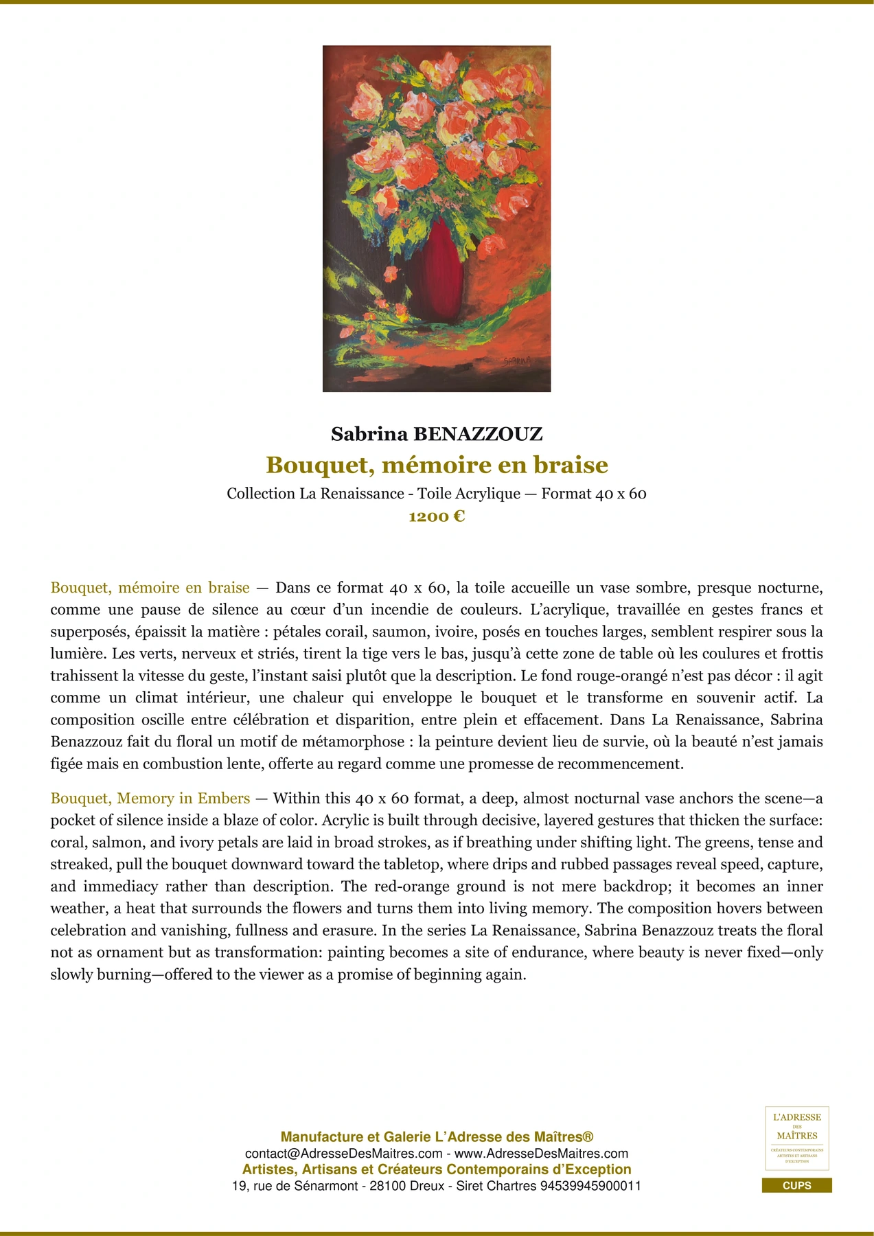 Fiche Premium - Bouquet, mémoire en braise - Sabrina BENAZZOUZ - L'Adresse des Maîtres®