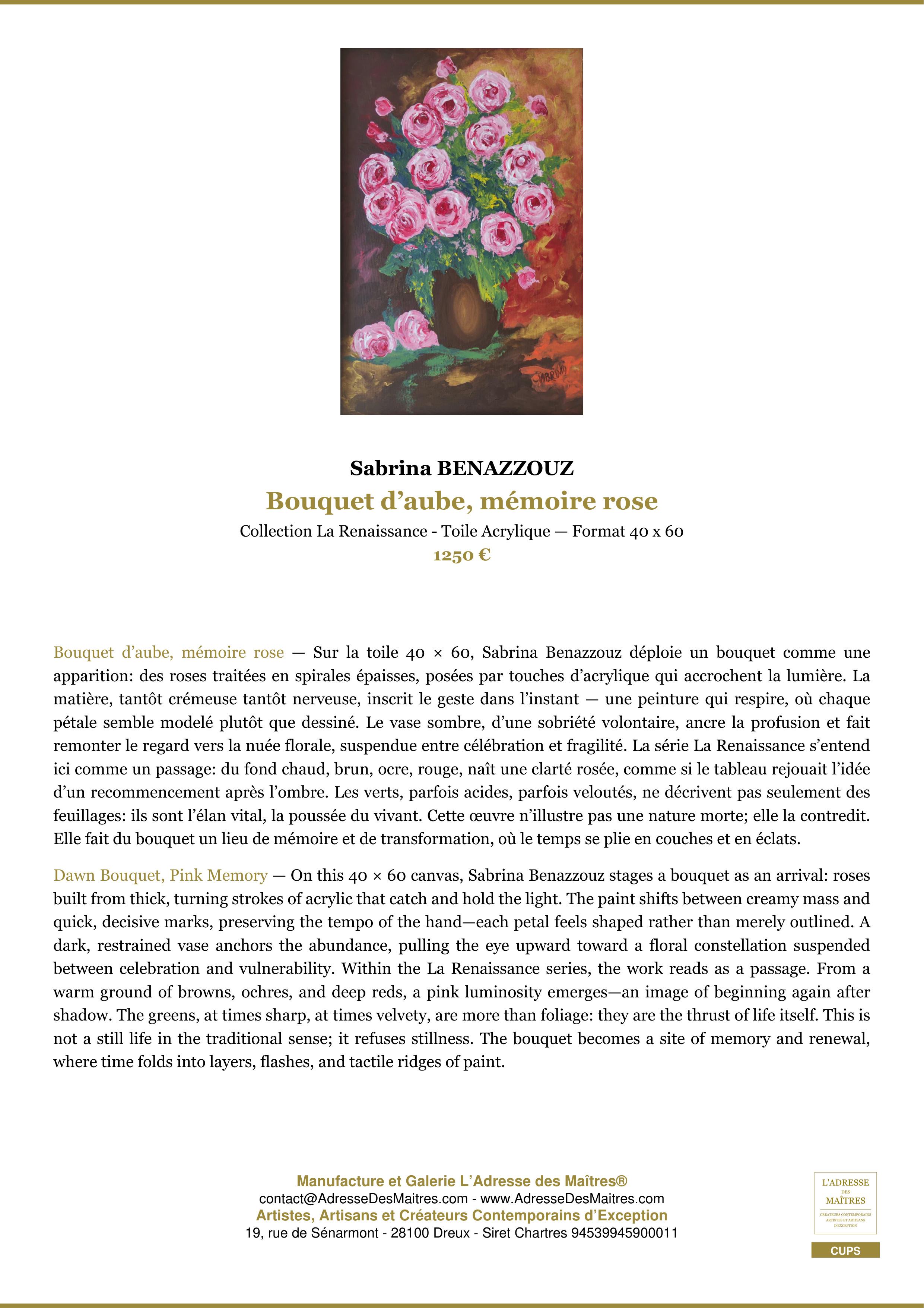 Fiche Premium — Bouquet d’aube, mémoire rose — Sabrina BENAZZOUZ — L'Adresse des Maîtres®