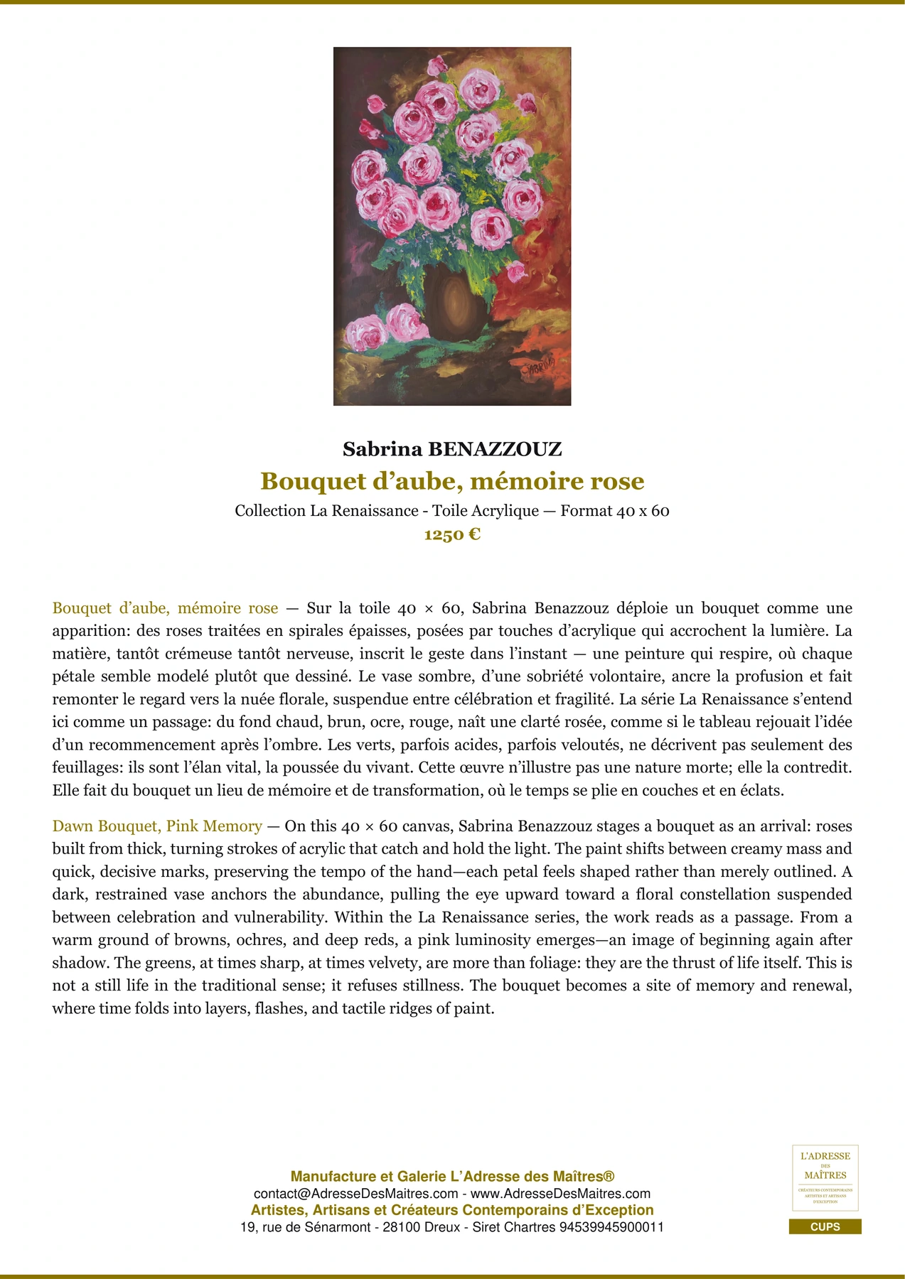Fiche Premium - Bouquet d’aube, mémoire rose - Sabrina BENAZZOUZ - L'Adresse des Maîtres®