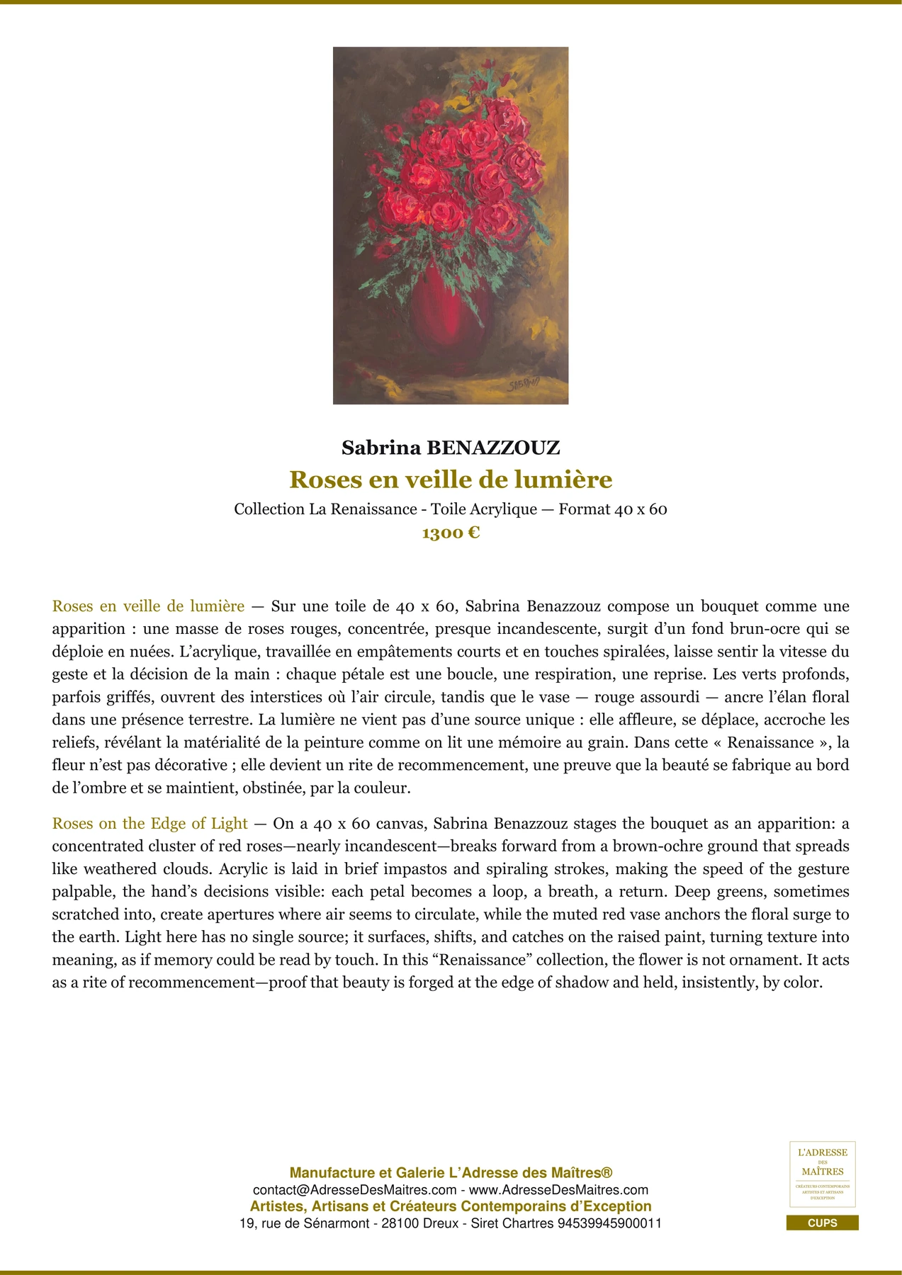 Fiche Premium - Roses en veille de lumière - Sabrina BENAZZOUZ - L'Adresse des Maîtres®