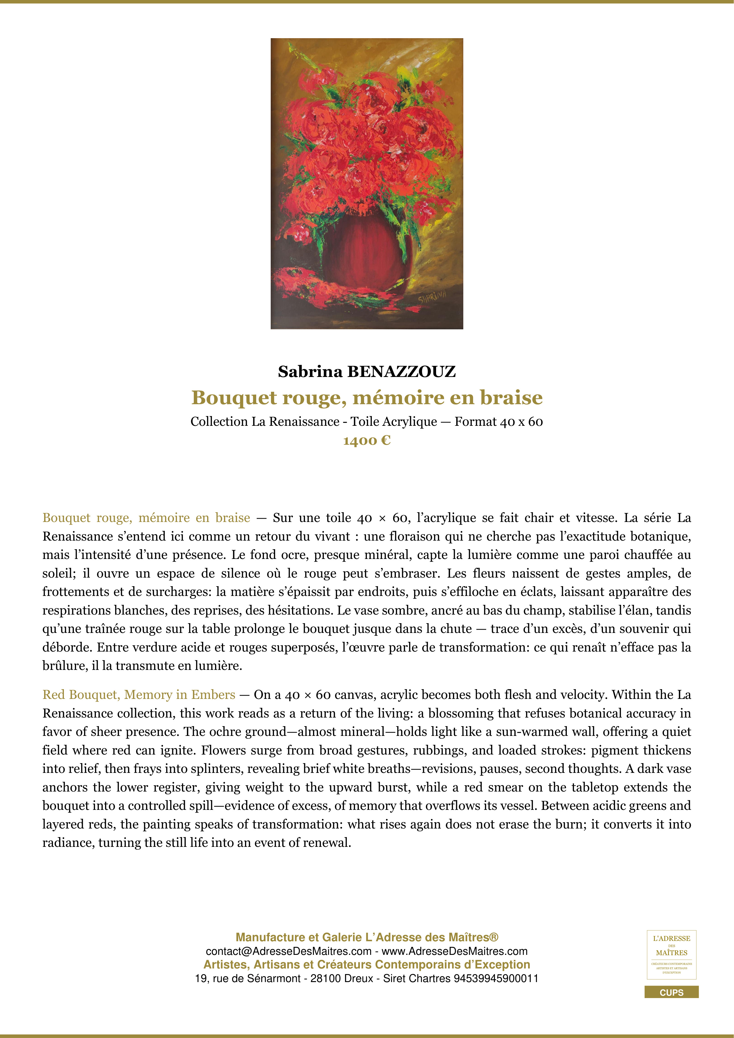 Fiche Premium — Bouquet rouge, mémoire en braise — Sabrina BENAZZOUZ — L'Adresse des Maîtres®