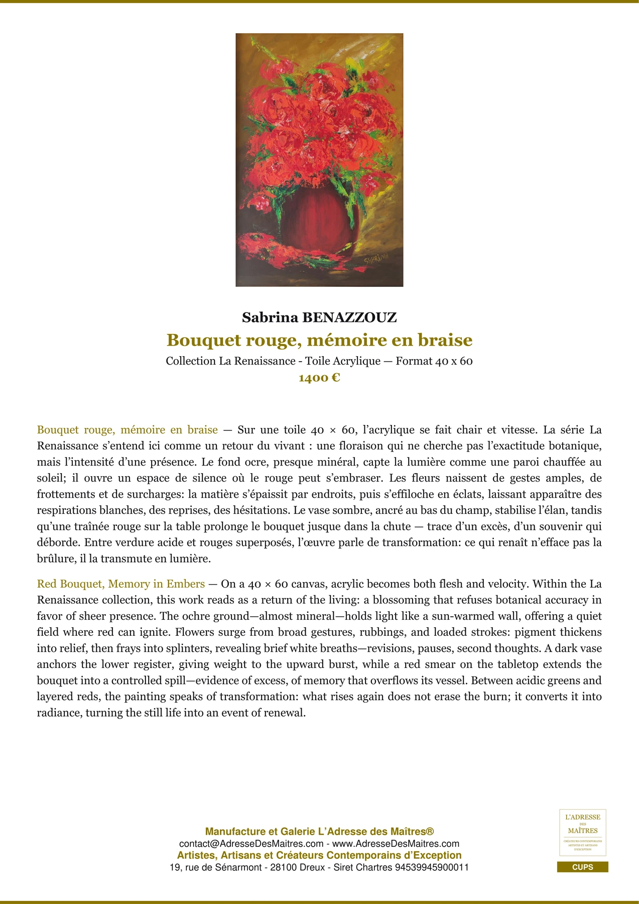 Fiche Premium - Bouquet rouge, mémoire en braise - Sabrina BENAZZOUZ - L'Adresse des Maîtres®