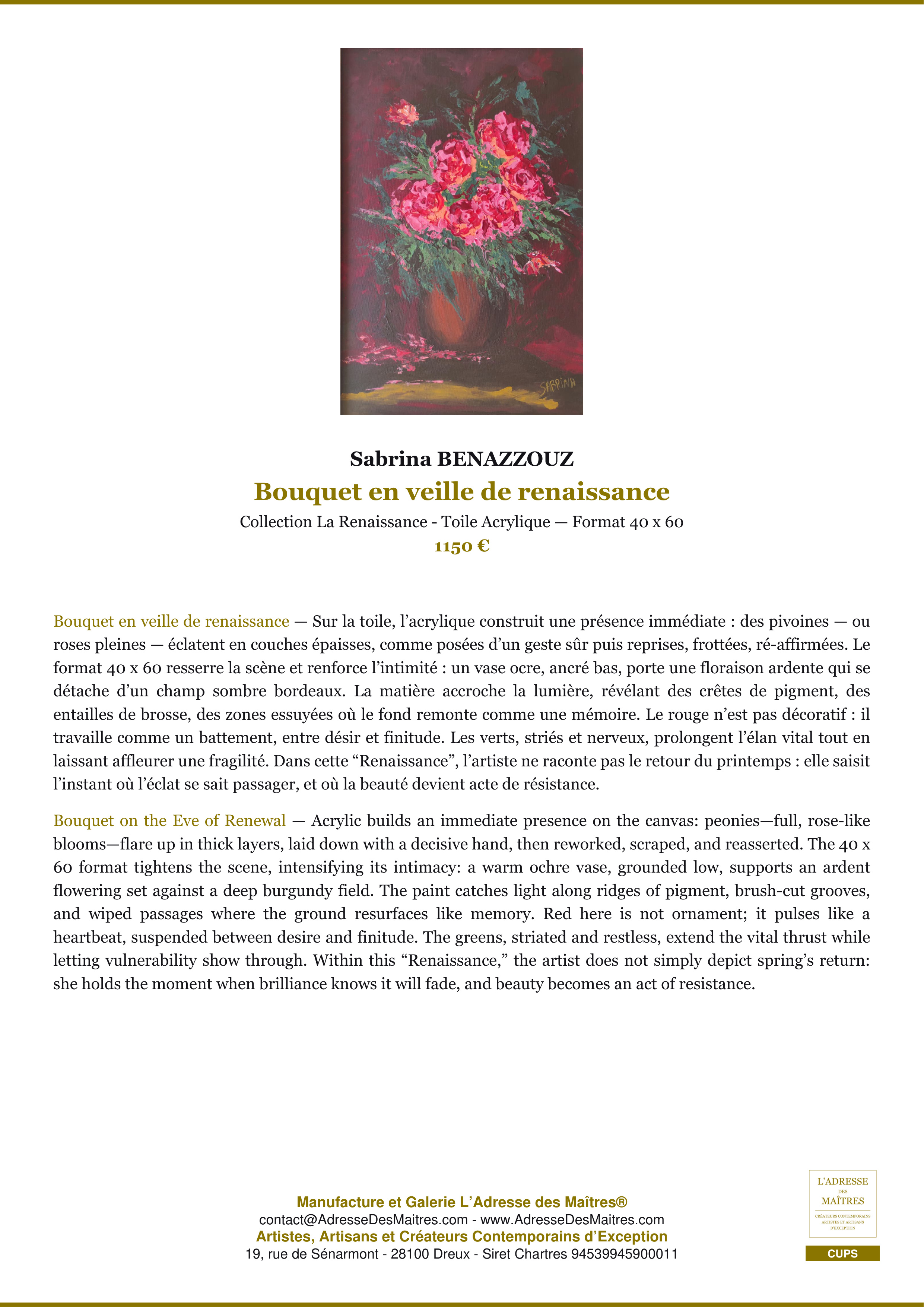 Fiche Premium — Bouquet en veille de renaissance — Sabrina BENAZZOUZ — L'Adresse des Maîtres®