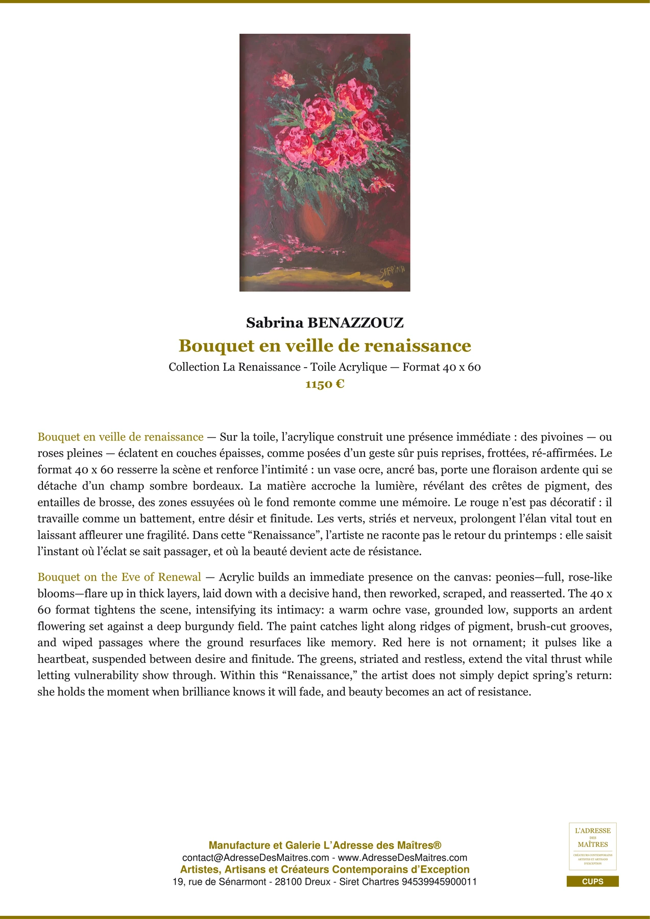 Fiche Premium - Bouquet en veille de renaissance - Sabrina BENAZZOUZ - L'Adresse des Maîtres®