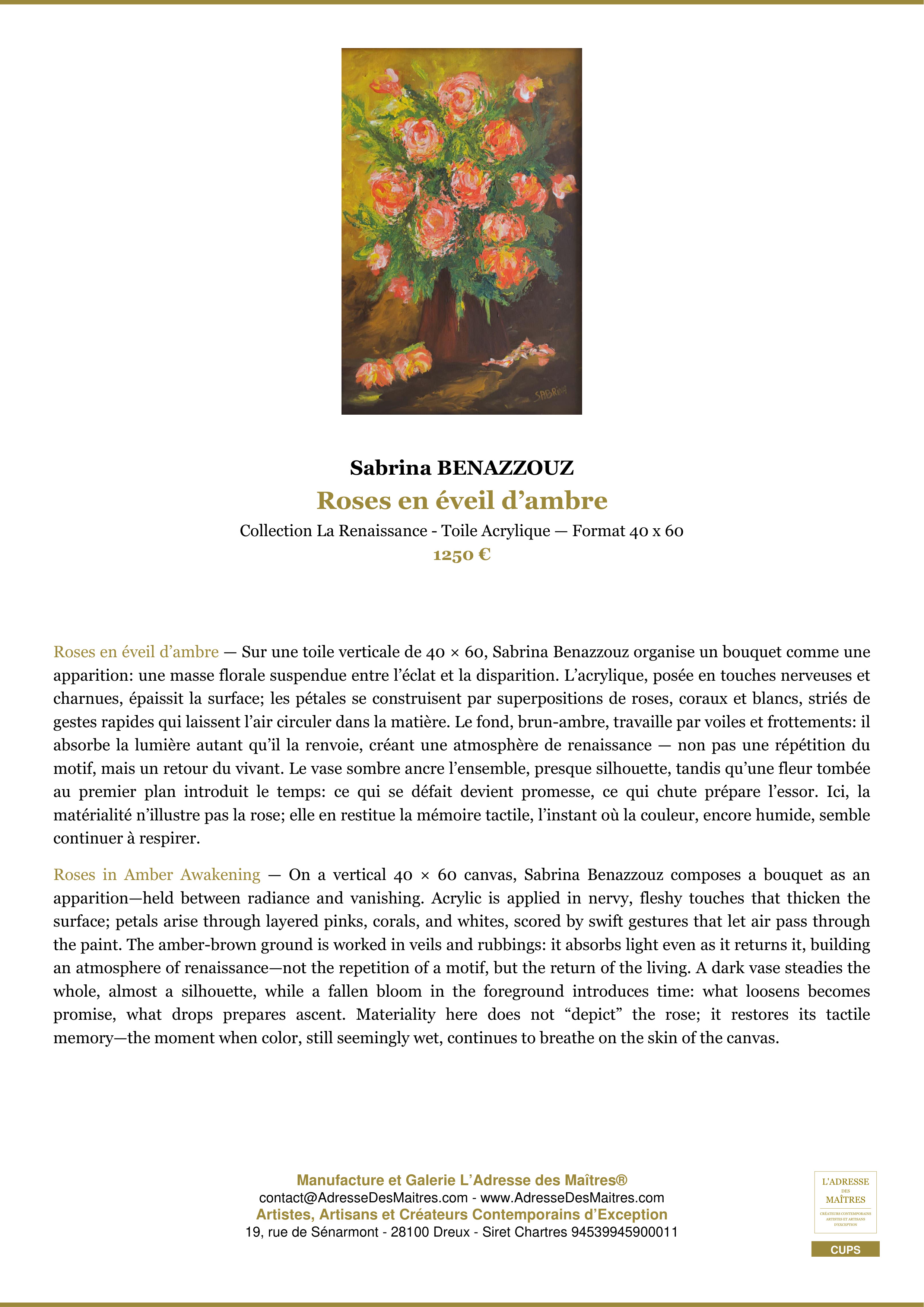 Fiche Premium — Roses en éveil d’ambre — Sabrina BENAZZOUZ — L'Adresse des Maîtres®