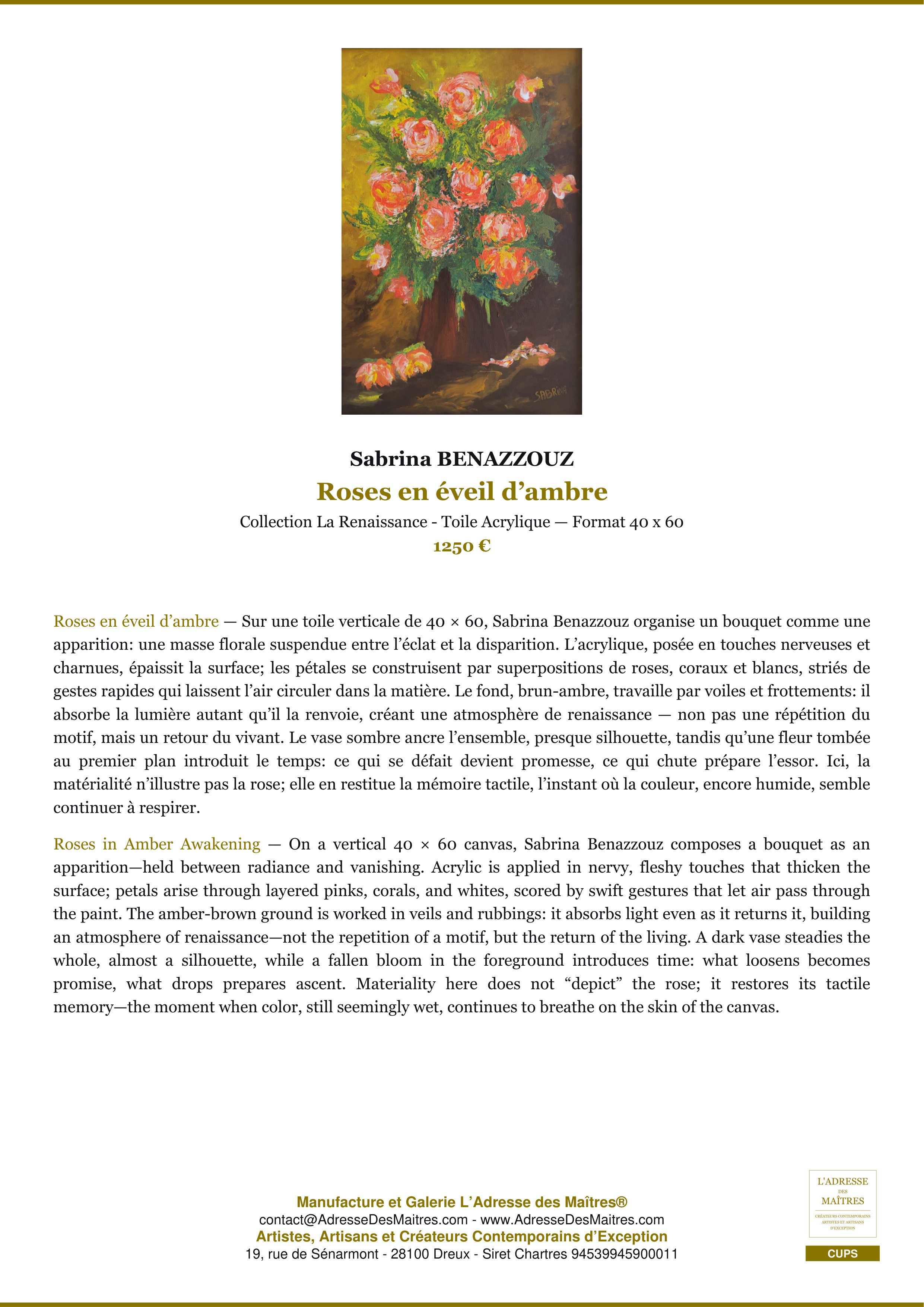 Fiche Premium — Roses en éveil d’ambre — Sabrina BENAZZOUZ — L'Adresse des Maîtres®