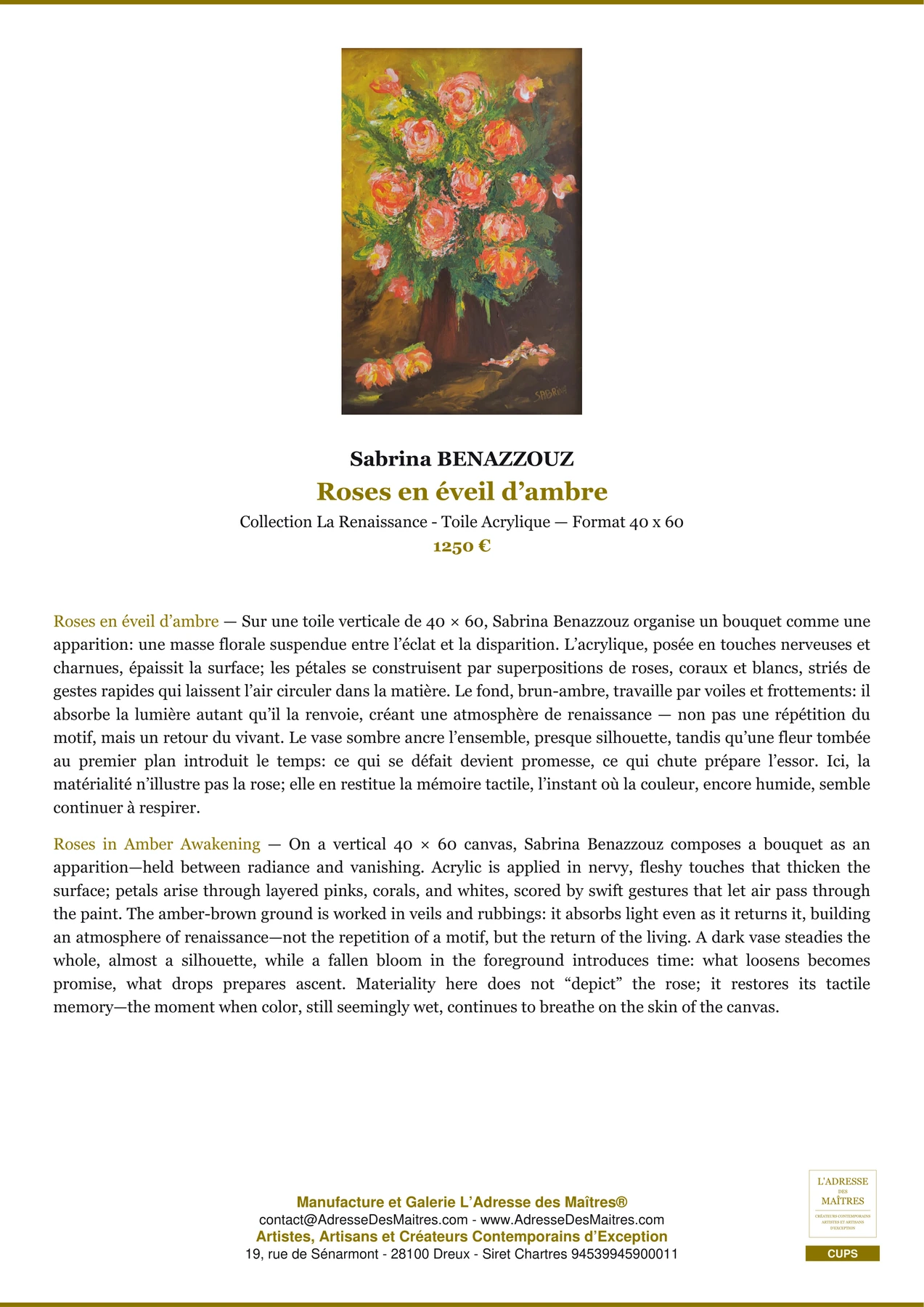 Fiche Premium - Roses en éveil d’ambre - Sabrina BENAZZOUZ - L'Adresse des Maîtres®