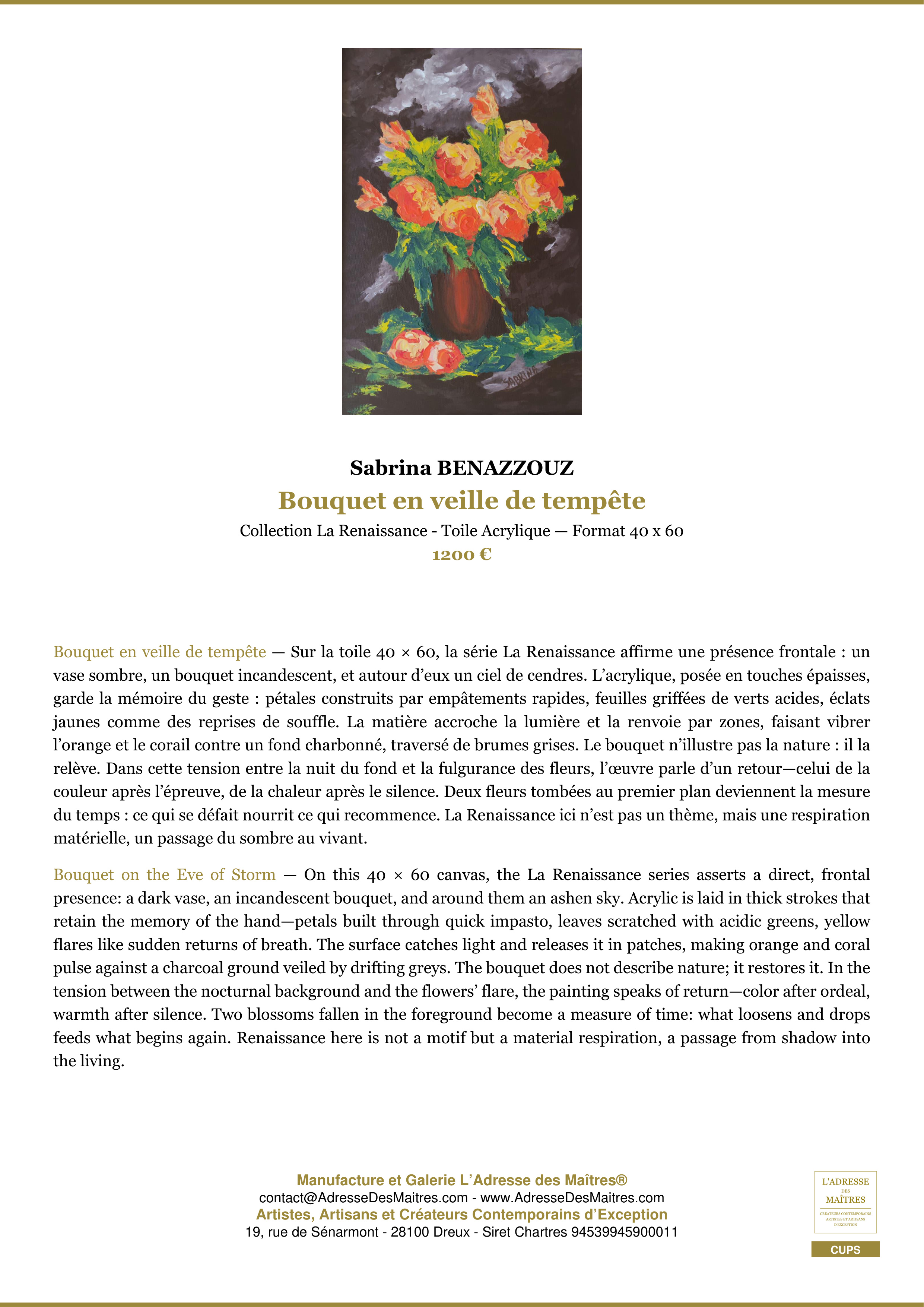 Fiche Premium — Bouquet en veille de tempête — Sabrina BENAZZOUZ — L'Adresse des Maîtres®