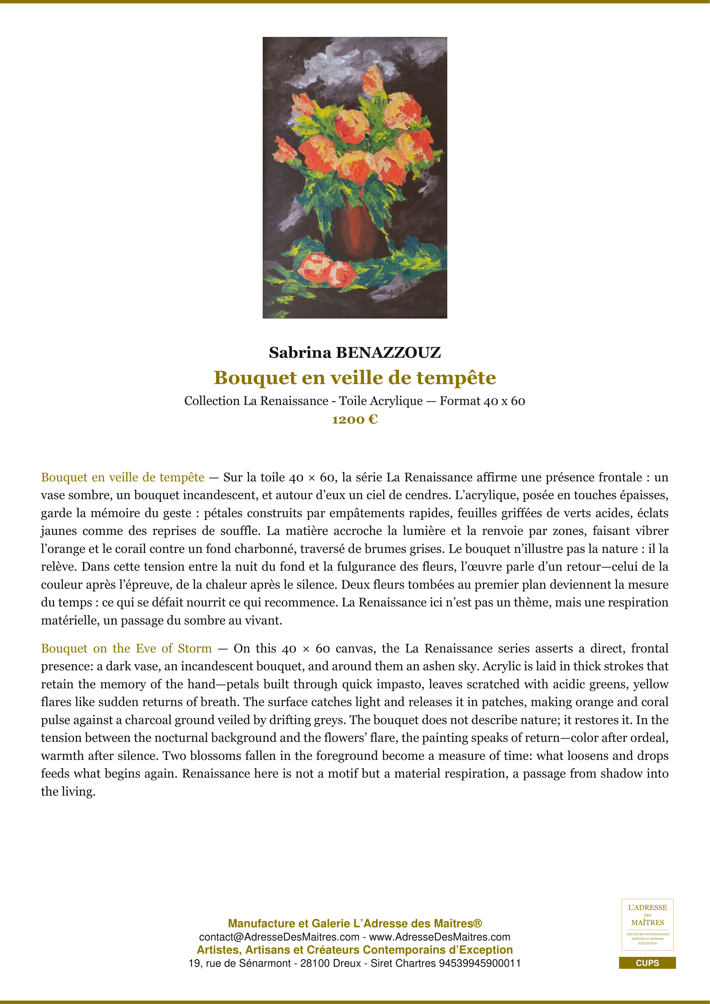 Fiche Premium — Bouquet en veille de tempête — Sabrina BENAZZOUZ — L'Adresse des Maîtres®