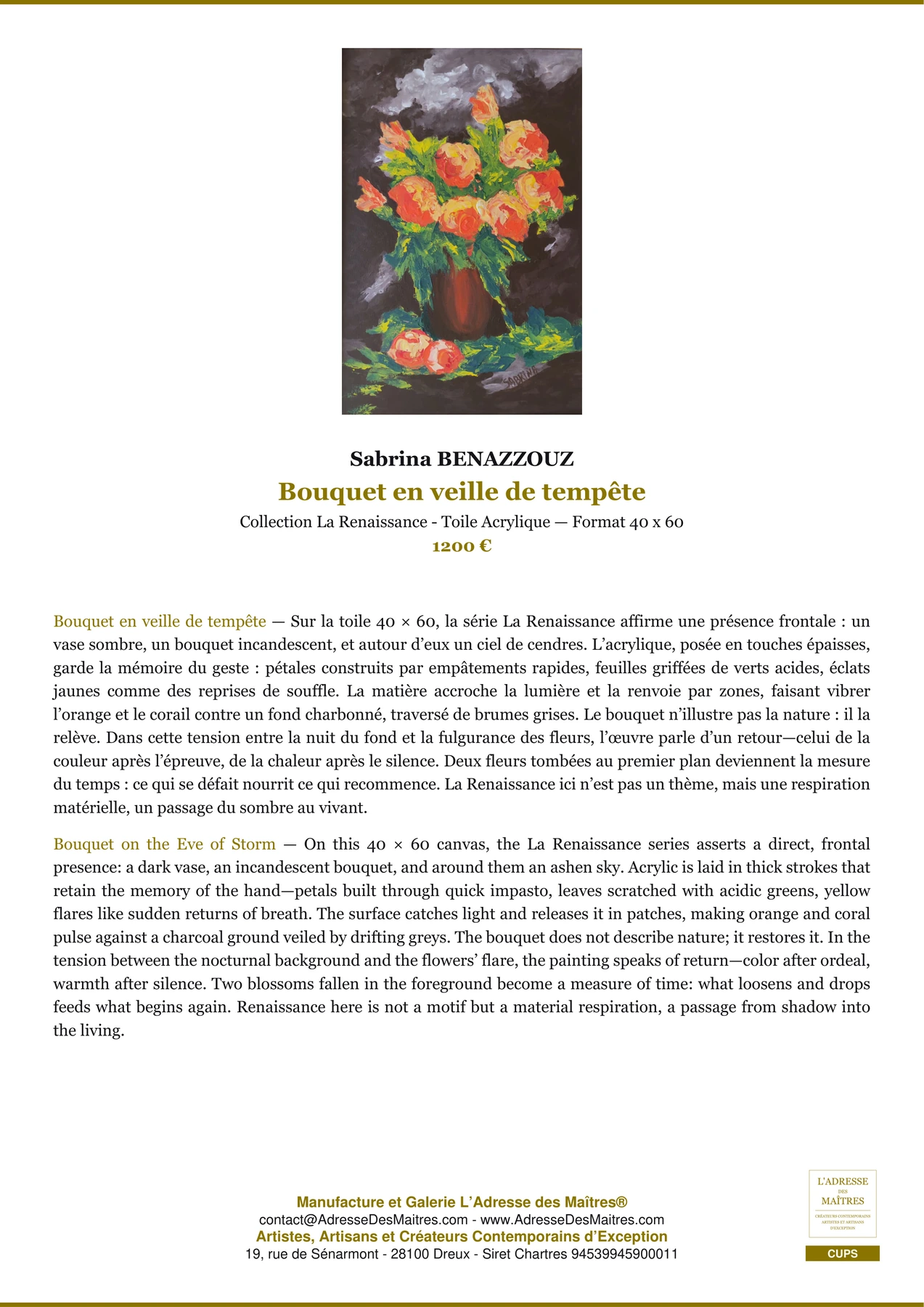 Fiche Premium - Bouquet en veille de tempête - Sabrina BENAZZOUZ - L'Adresse des Maîtres®