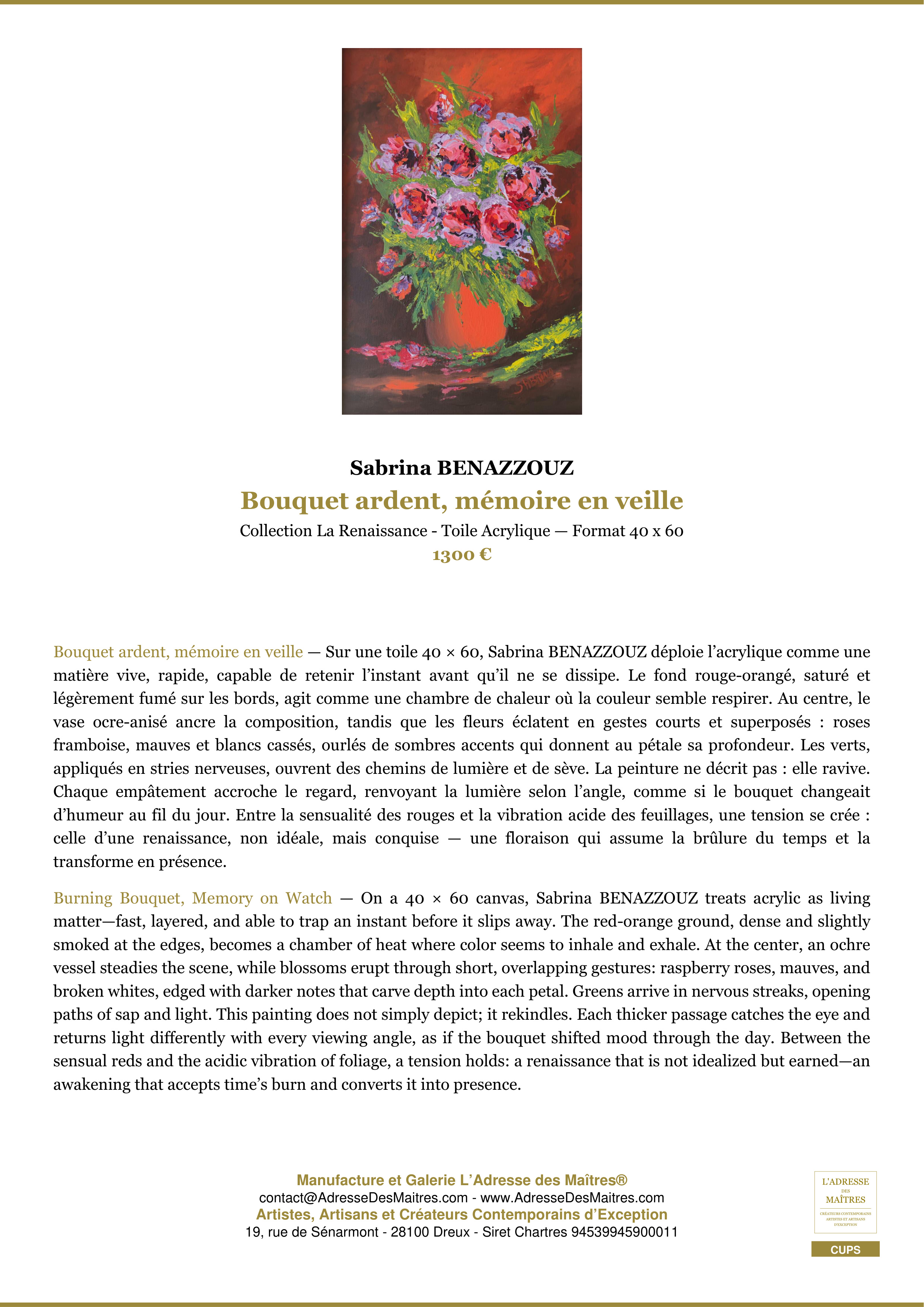 Fiche Premium — Bouquet ardent, mémoire en veille — Sabrina BENAZZOUZ — L'Adresse des Maîtres®