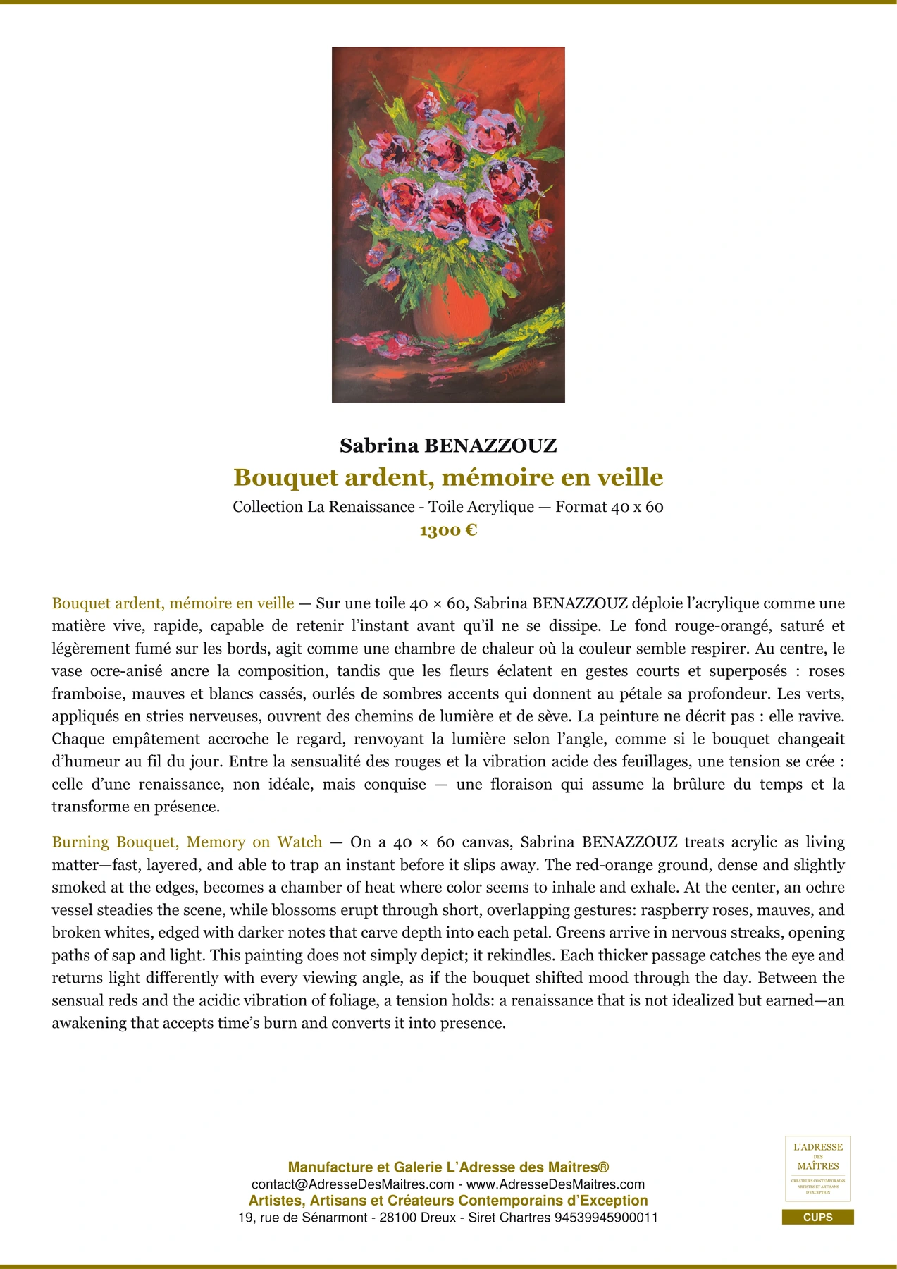 Fiche Premium - Bouquet ardent, mémoire en veille - Sabrina BENAZZOUZ - L'Adresse des Maîtres®